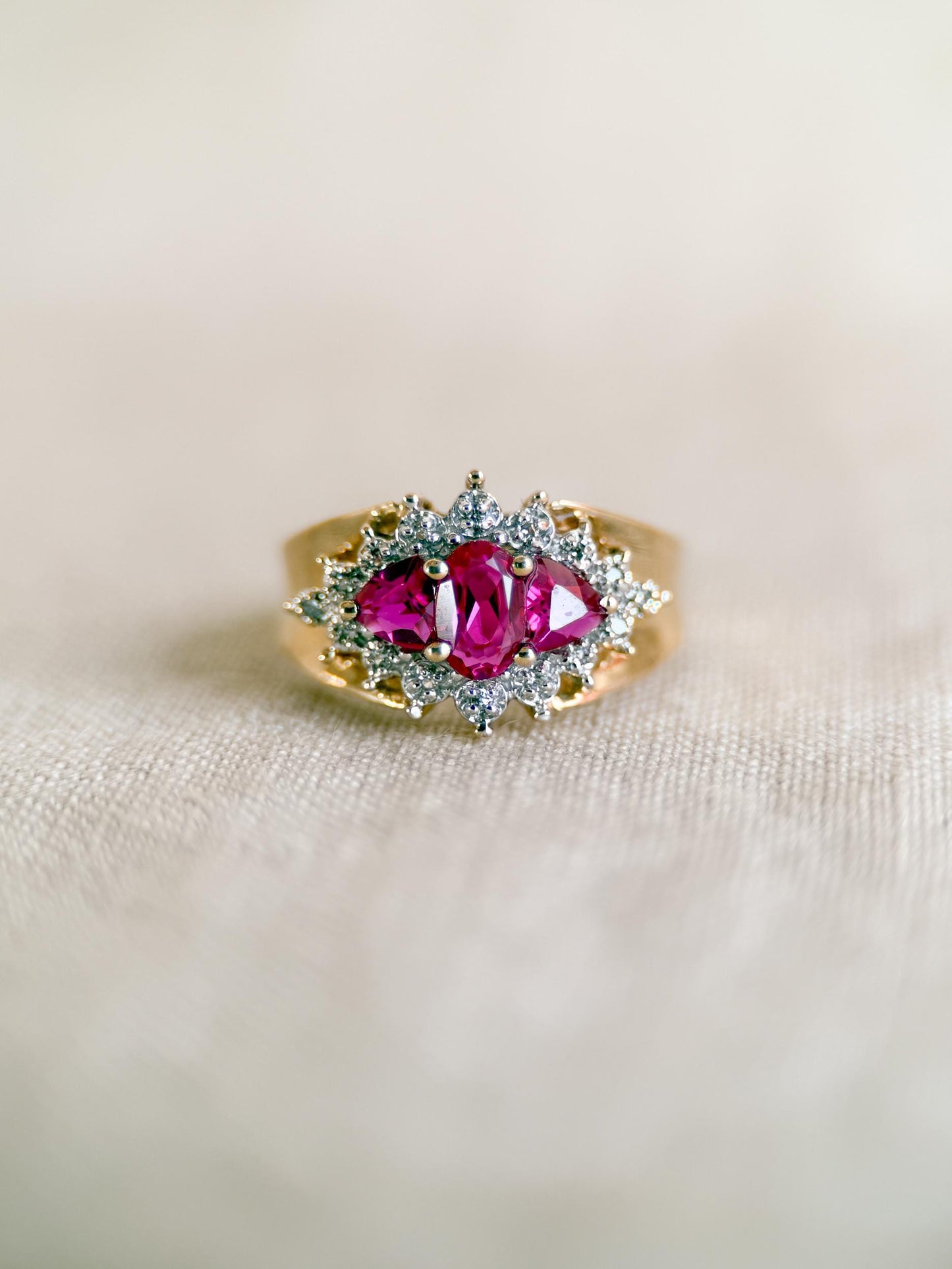 Vintage 1990s Three Stone Ruby & Diamond Ring, 10k Gold
