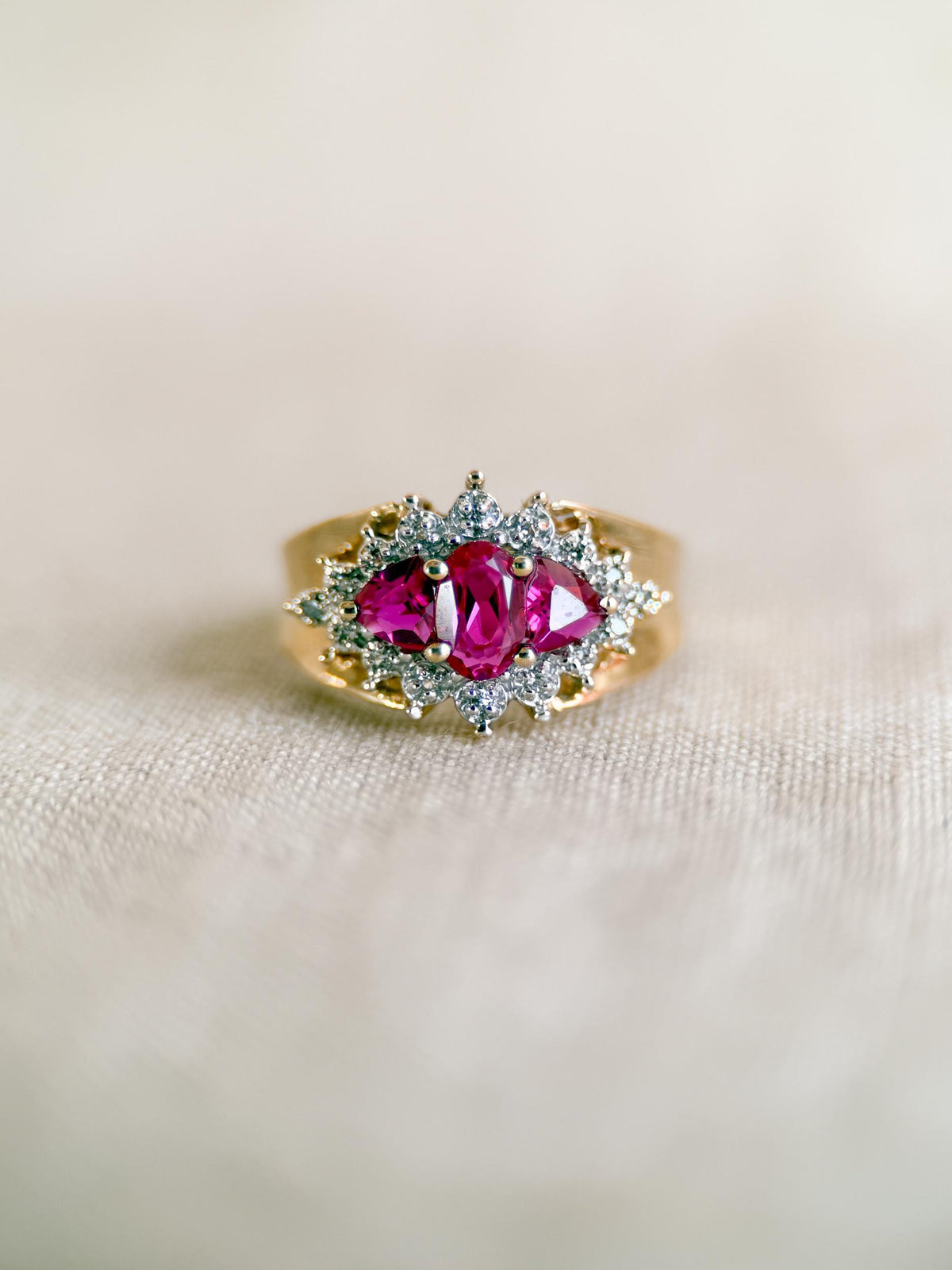 Vintage 1990s Three Stone Ruby & Diamond Ring, 10k Gold