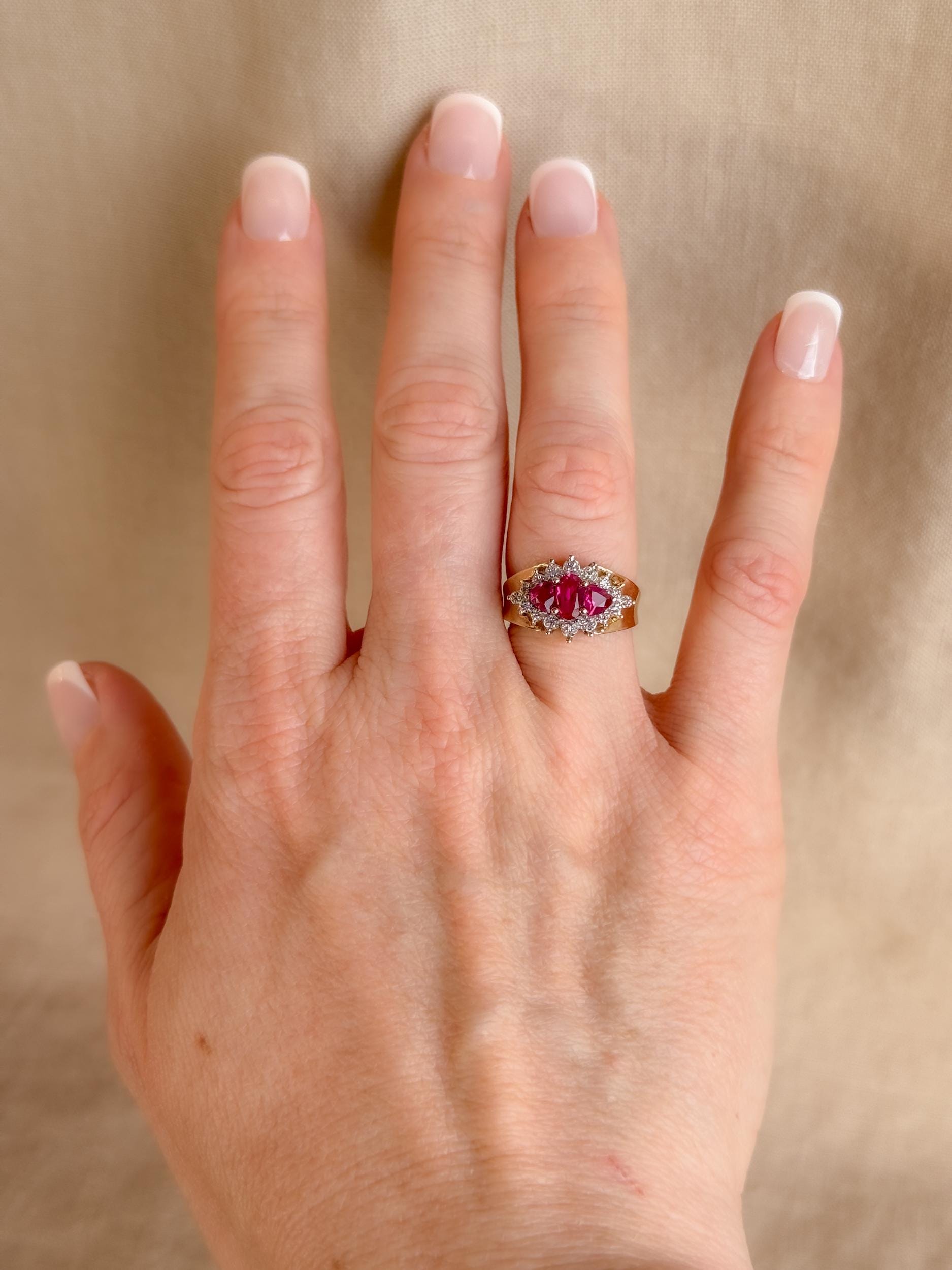 Vintage 1990s Three Stone Ruby & Diamond Ring, 10k Gold