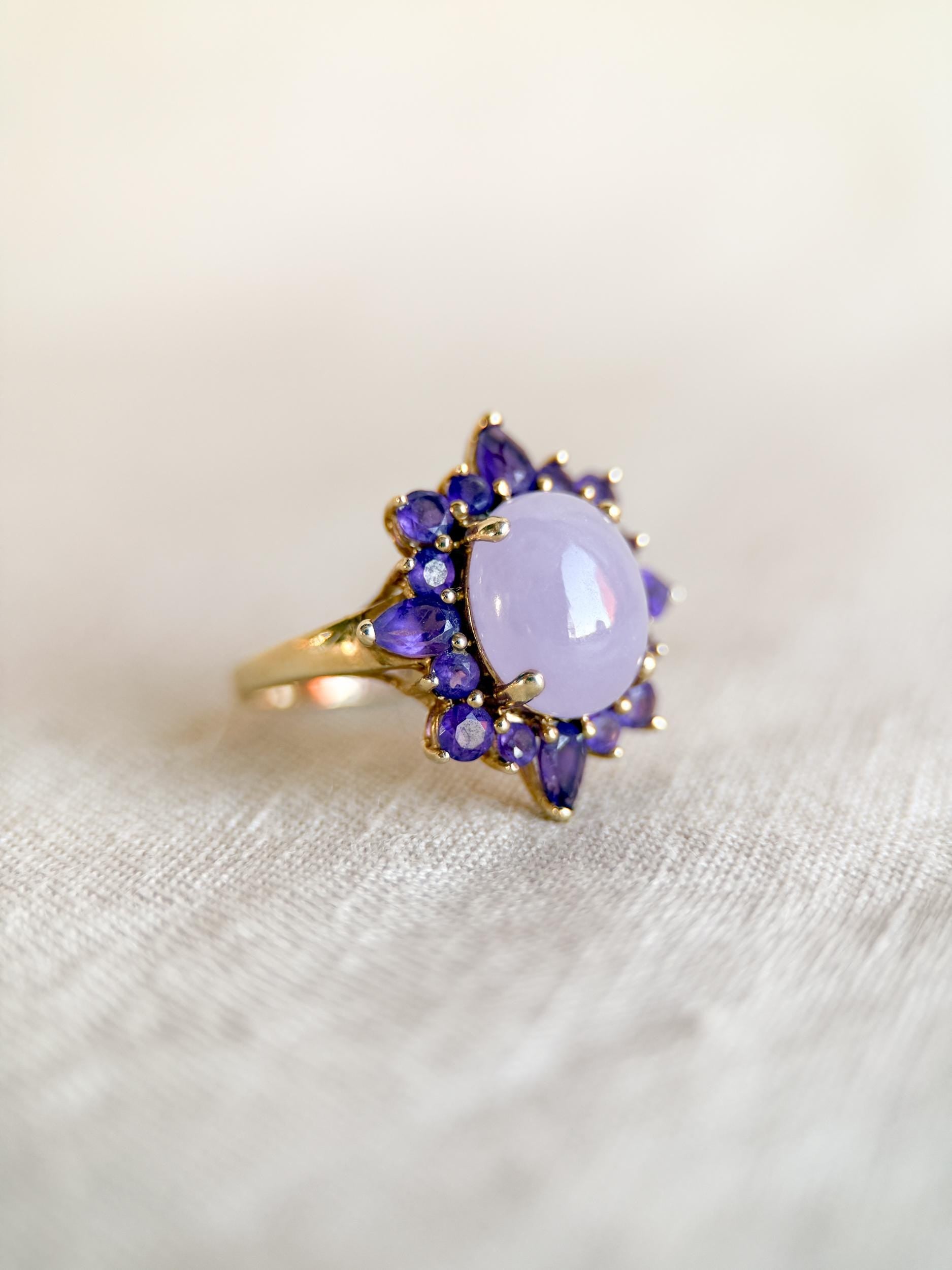 Vintage 1990s Jade & Amethyst Halo Ring in 14k Gold