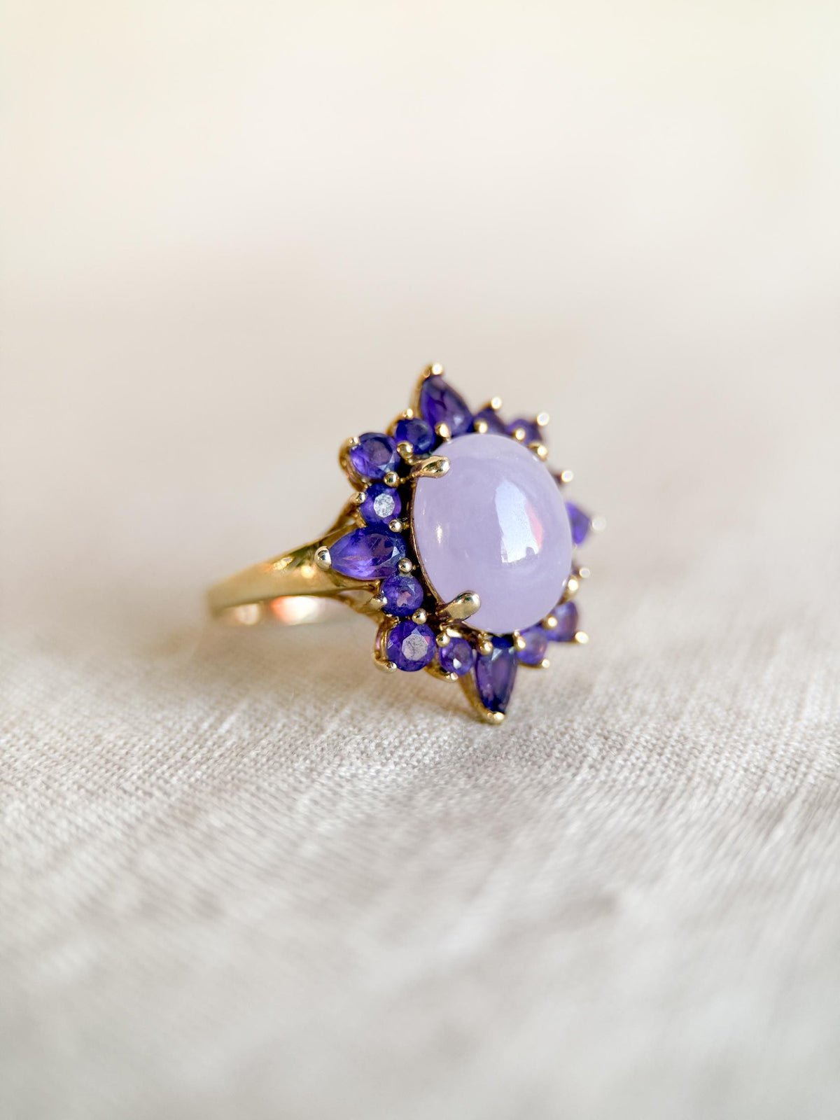 Vintage 1990s Jade & Amethyst Halo Ring in 14k Gold