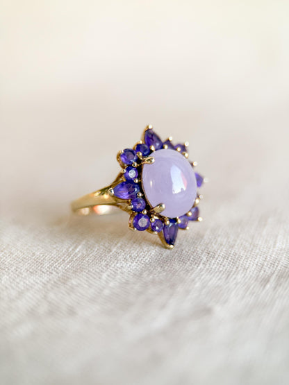 Vintage 1990s Jade & Amethyst Halo Ring in 14k Gold