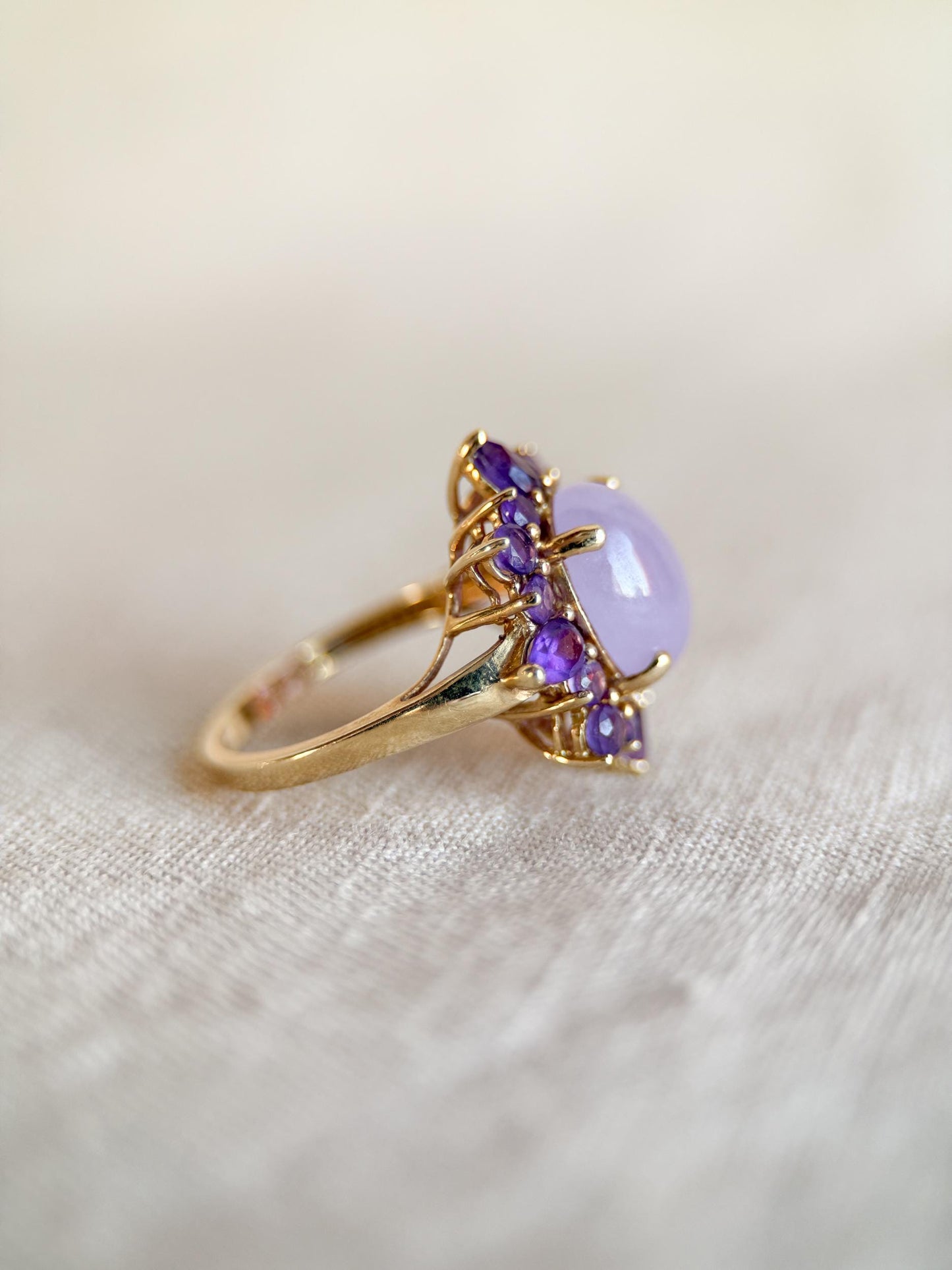 Vintage 1990s Jade & Amethyst Halo Ring in 14k Gold