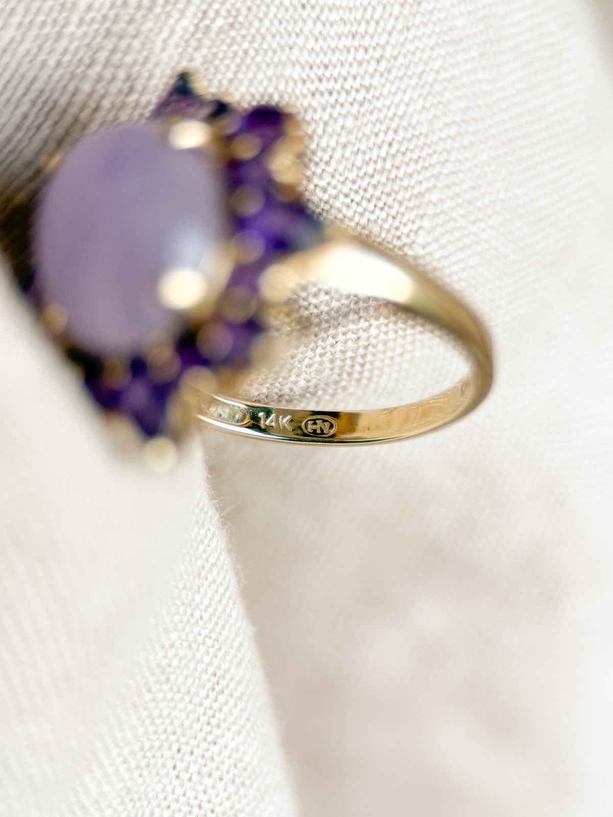 Vintage 1990s Jade & Amethyst Halo Ring in 14k Gold