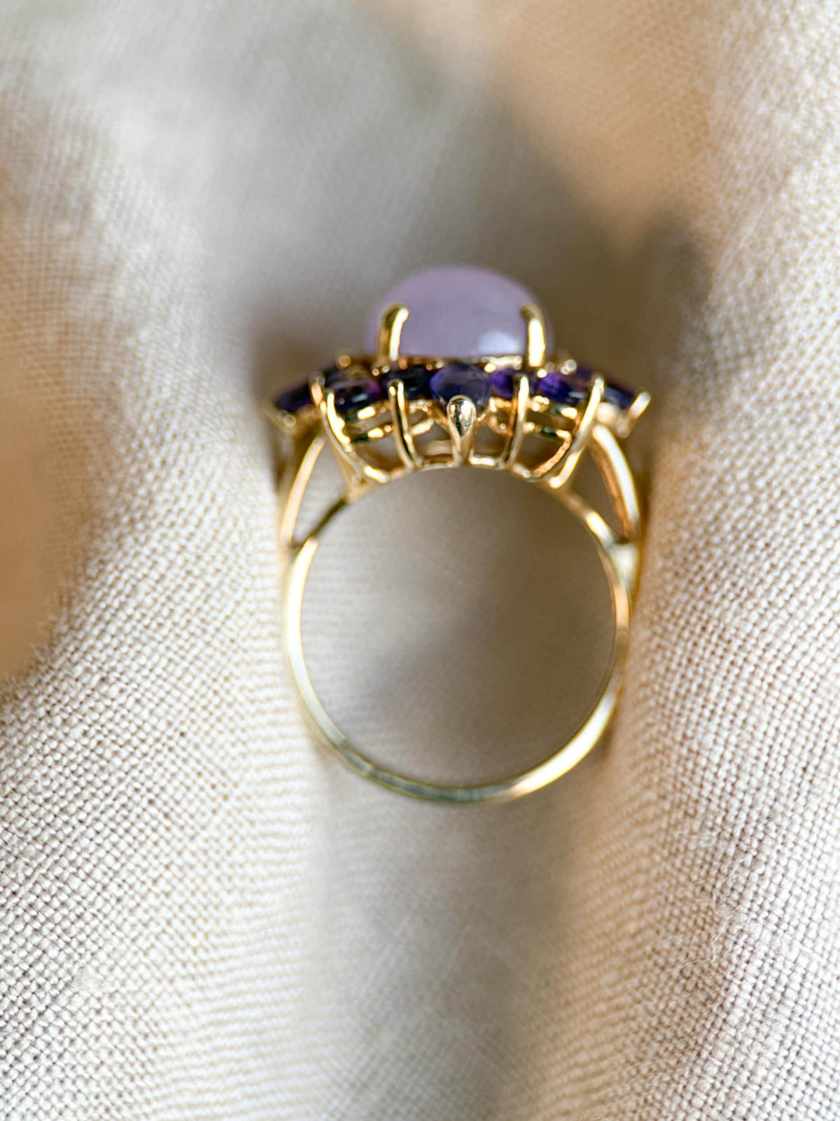 Vintage 1990s Jade & Amethyst Halo Ring in 14k Gold