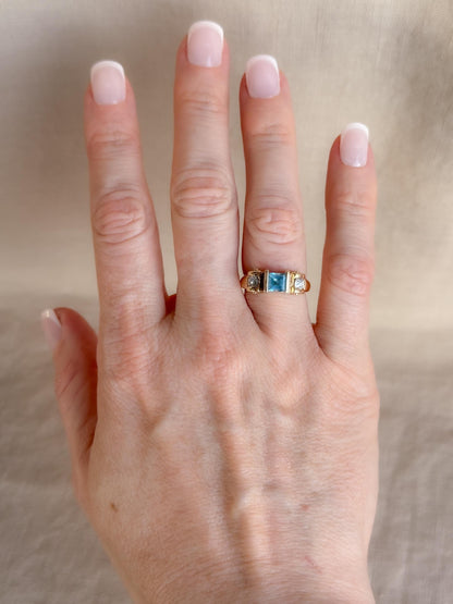 Vintage 1990s Blue Topaz & Diamond Ring, 14k Gold