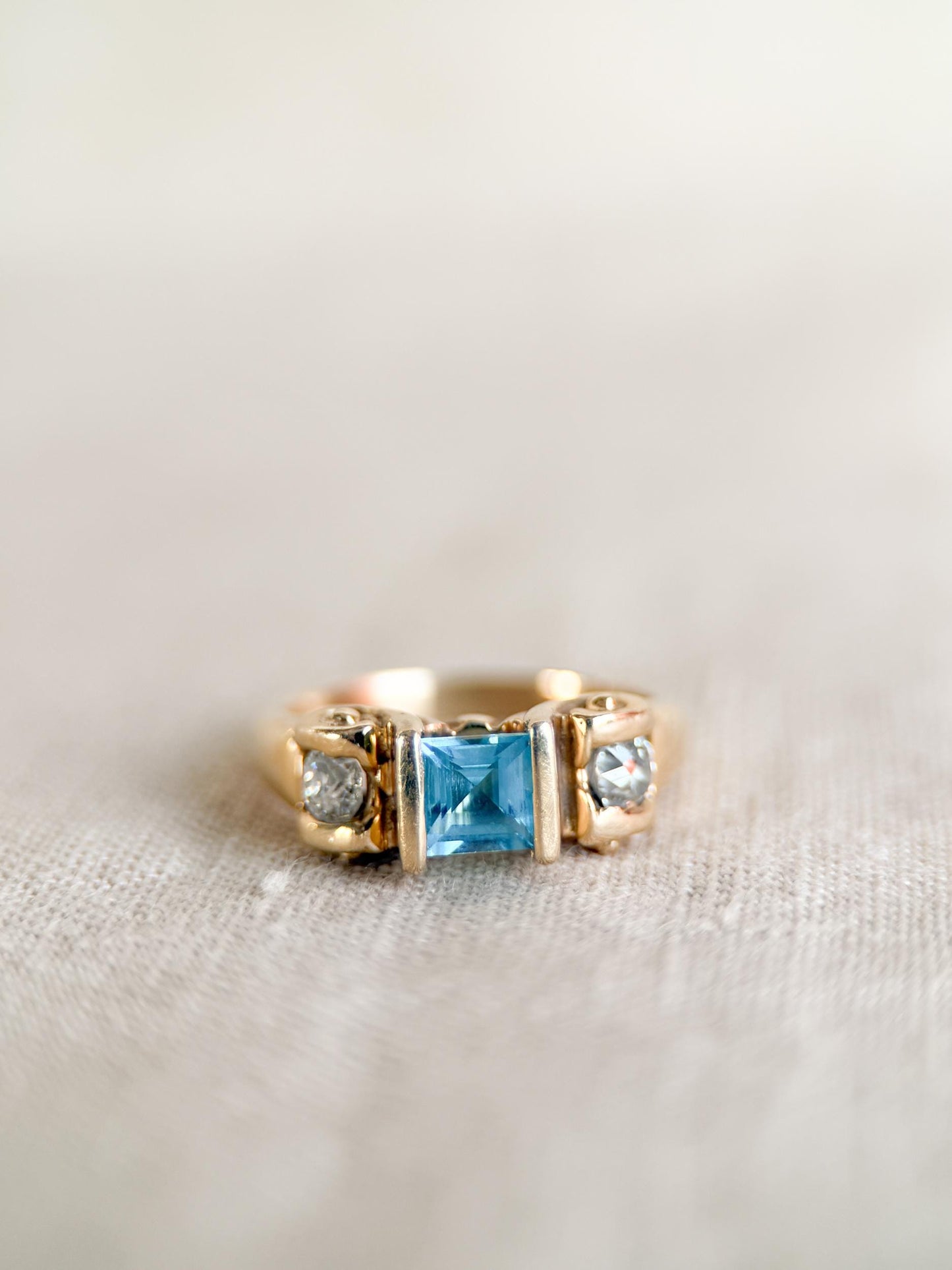 Vintage 1990s Blue Topaz & Diamond Ring, 14k Gold