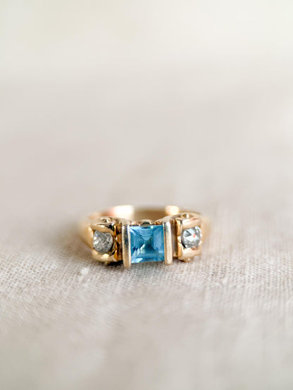 Vintage 1990s Blue Topaz & Diamond Ring, 14k Gold