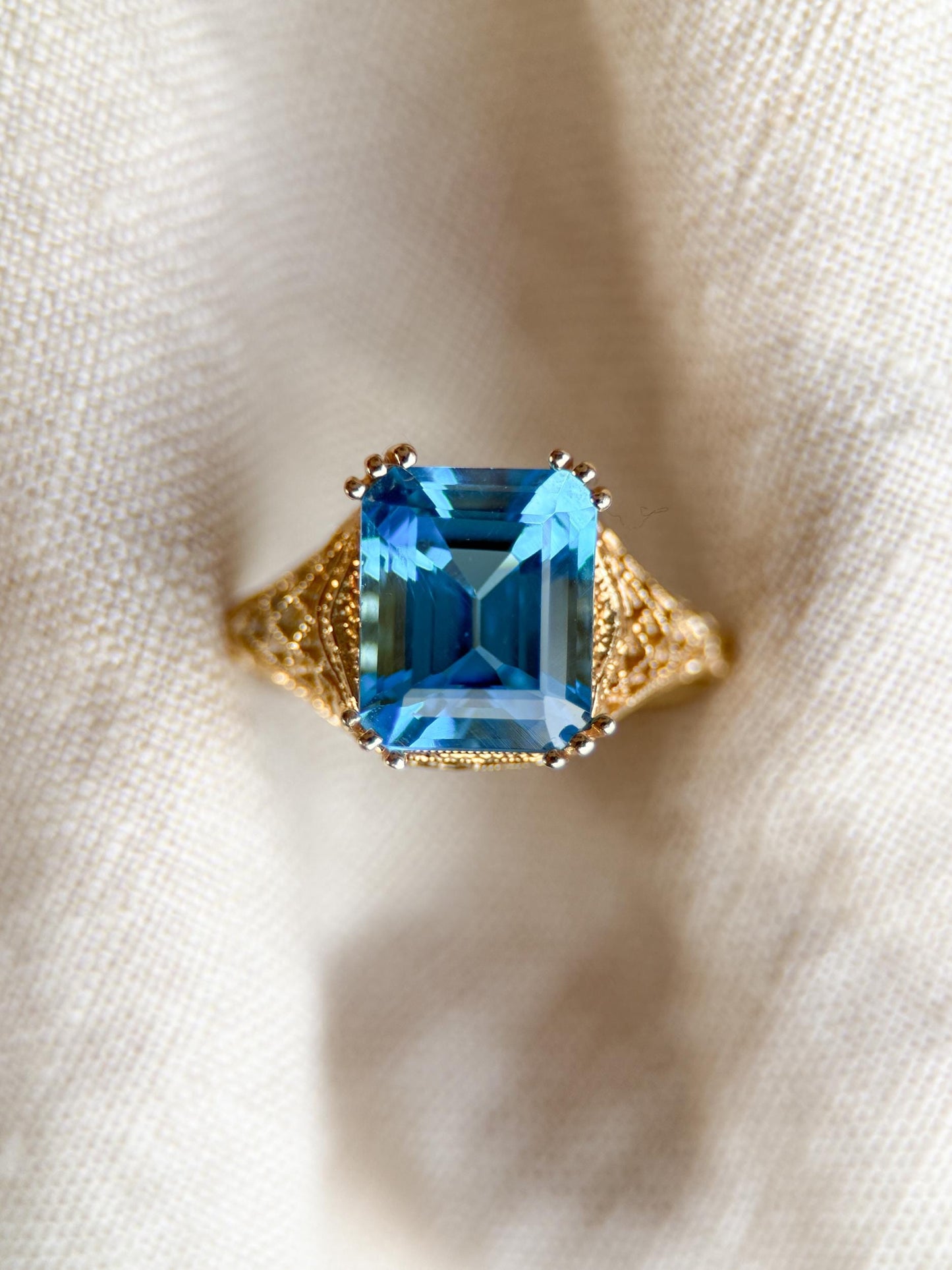 Vintage 1990s Blue Topaz Filigree Gemstone Ring, 14k Gold