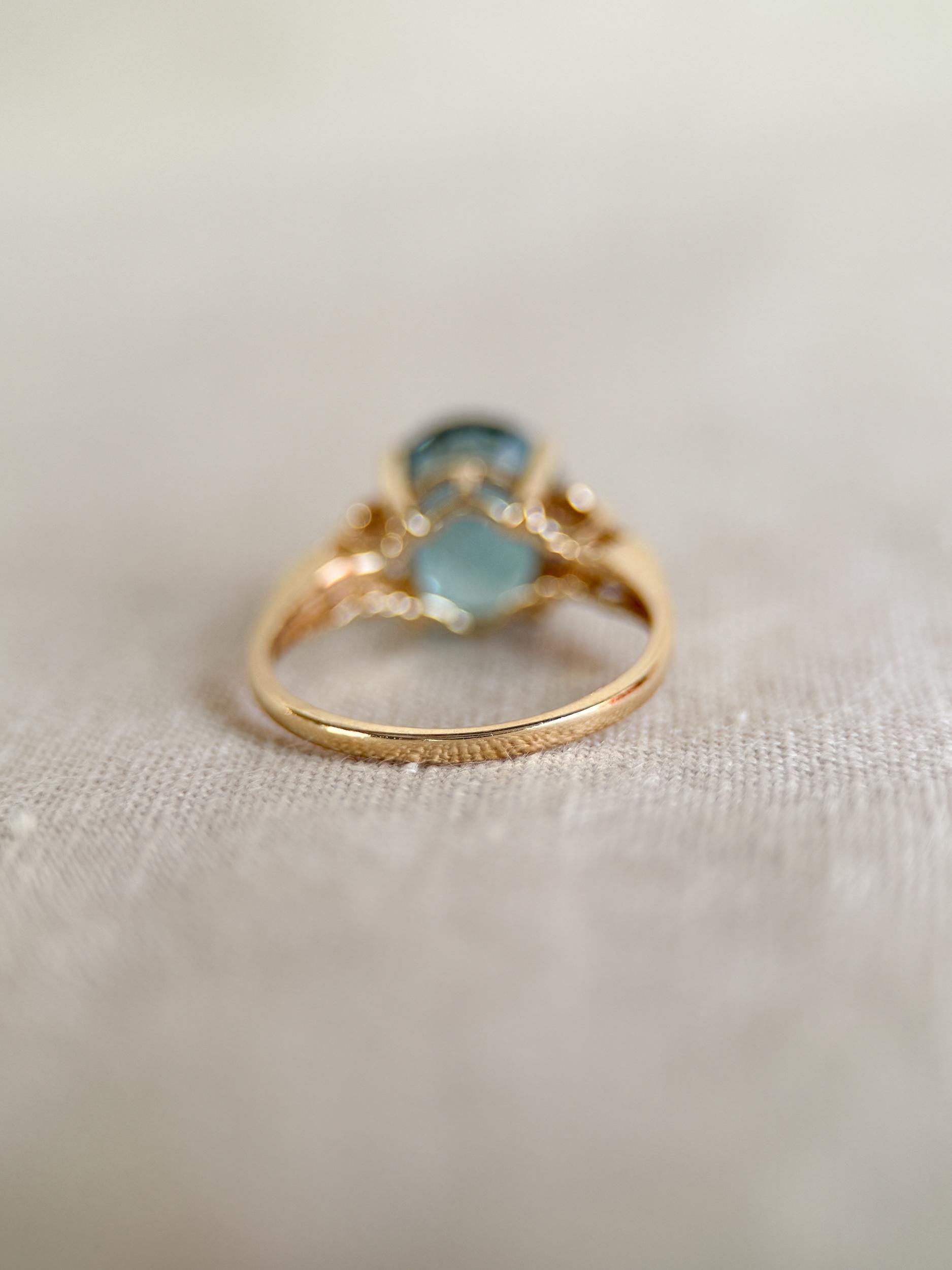 Vintage 1990s Blue Topaz Filigree Gemstone Ring, 14k Gold
