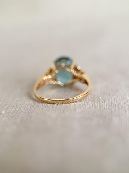 Vintage 1990s Blue Topaz Filigree Gemstone Ring, 14k Gold