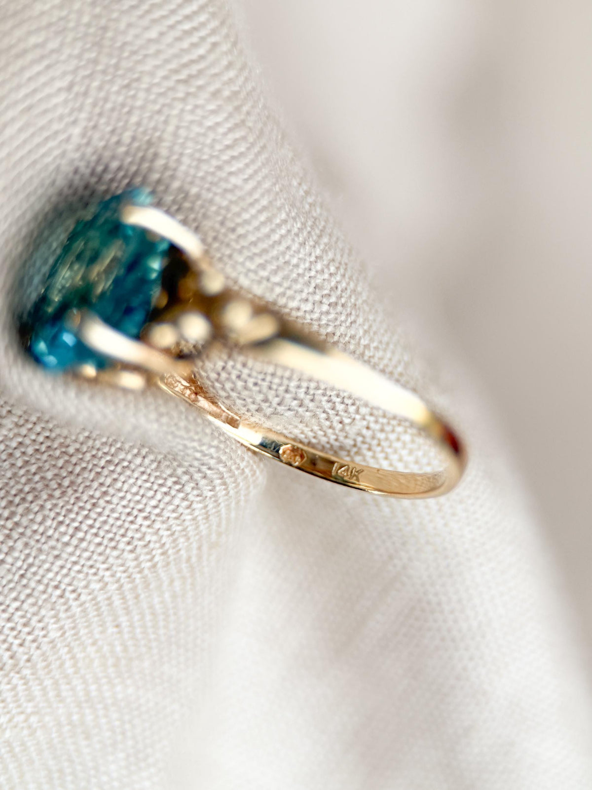 Vintage 1990s Blue Topaz Filigree Gemstone Ring, 14k Gold