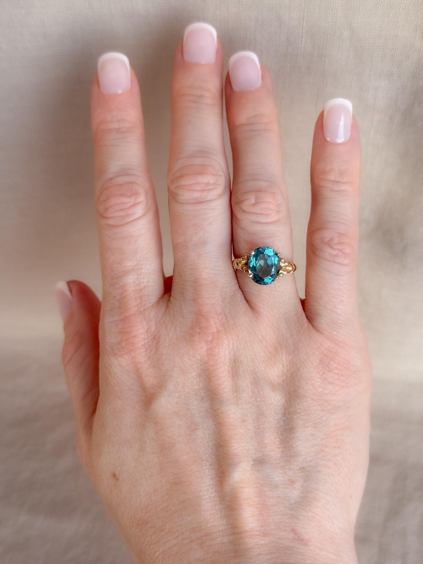 Vintage 1990s Blue Topaz Filigree Gemstone Ring, 14k Gold