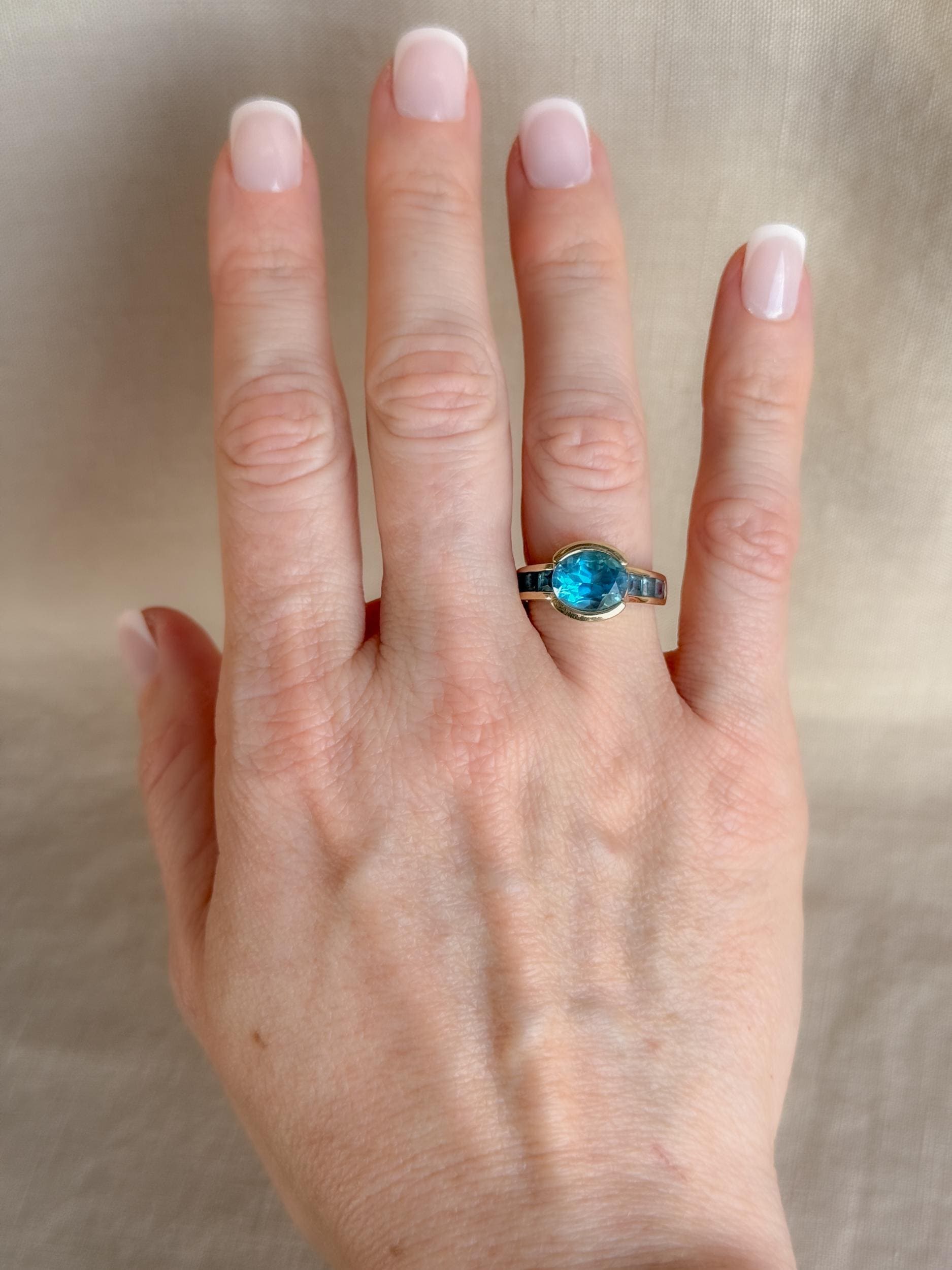 Vintage 1990s Blue Topaz Channel Gemstone Ring, 14k Gold