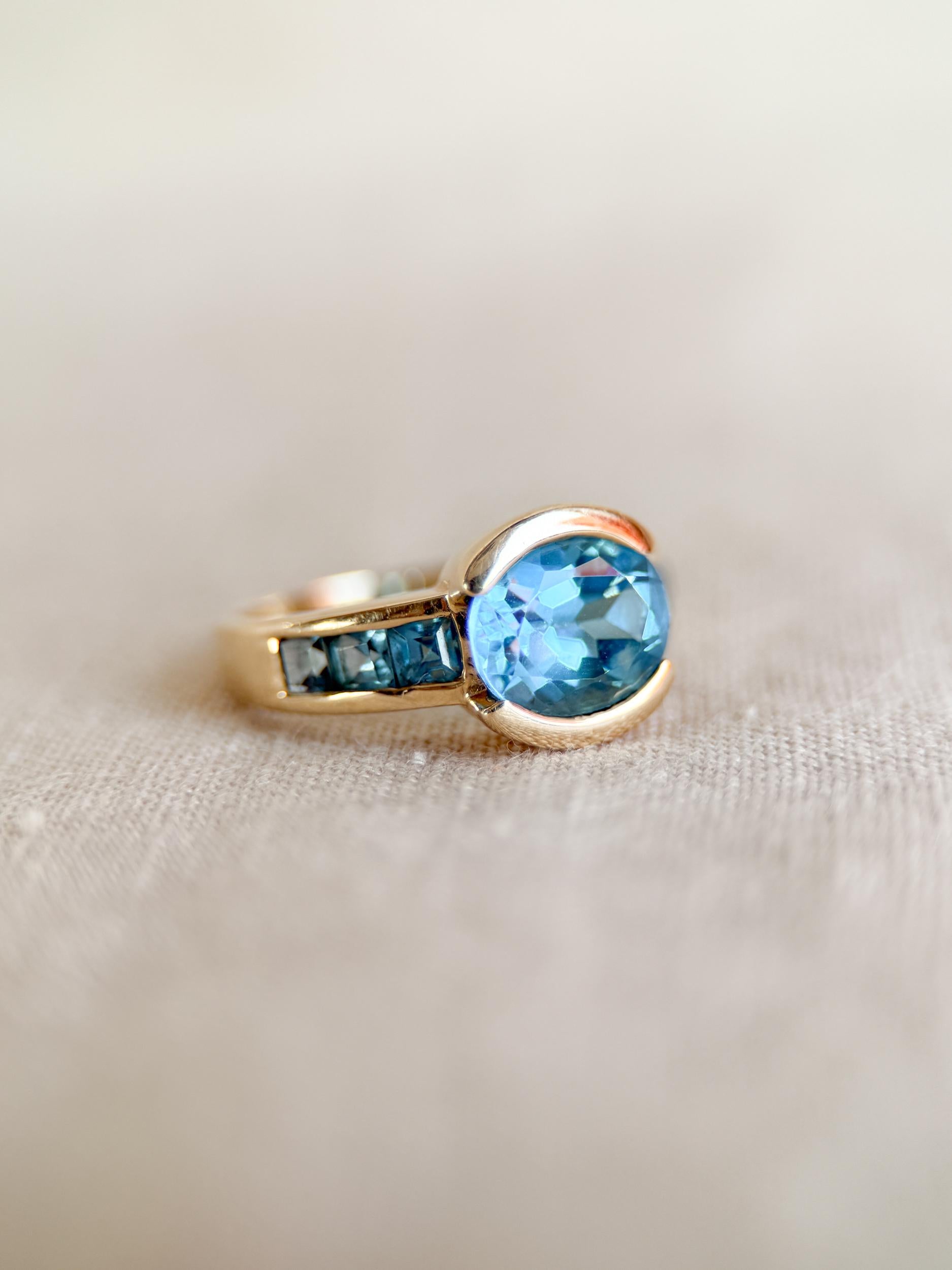 Vintage 1990s Blue Topaz Channel Gemstone Ring, 14k Gold
