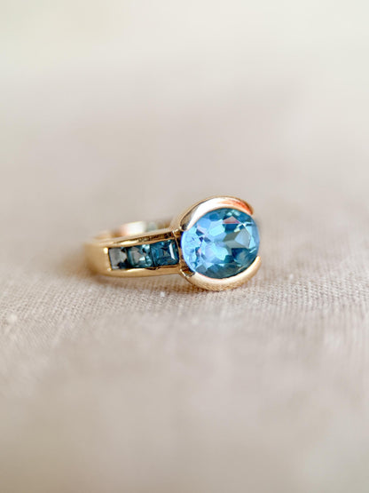 Vintage 1990s Blue Topaz Channel Gemstone Ring, 14k Gold