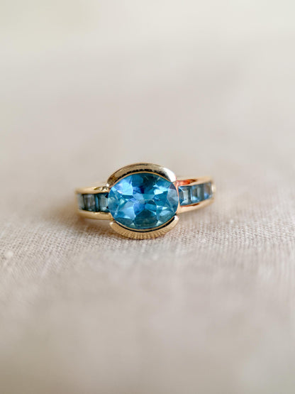 Vintage 1990s Blue Topaz Channel Gemstone Ring, 14k Gold