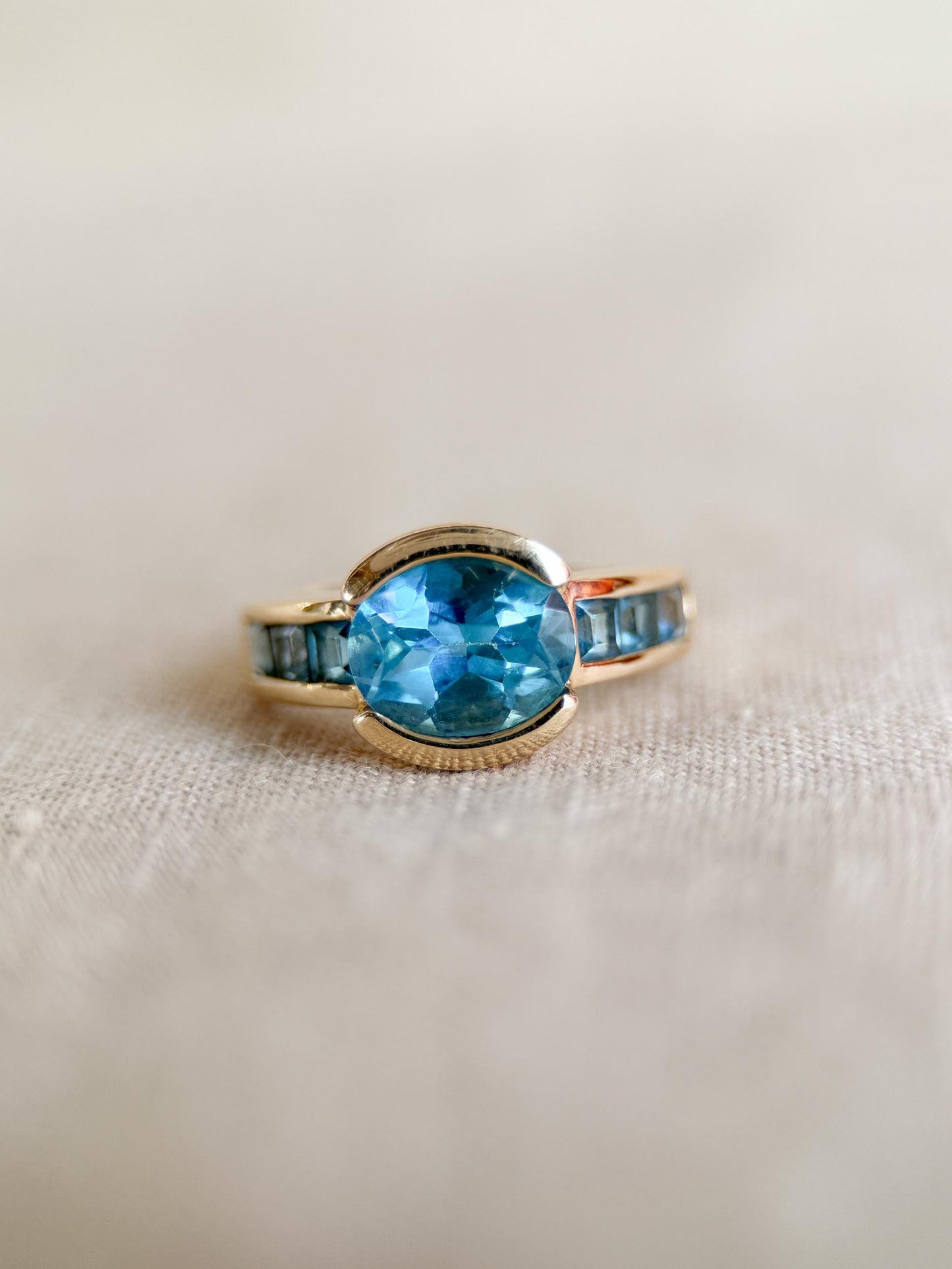 Vintage 1990s Blue Topaz Channel Gemstone Ring, 14k Gold