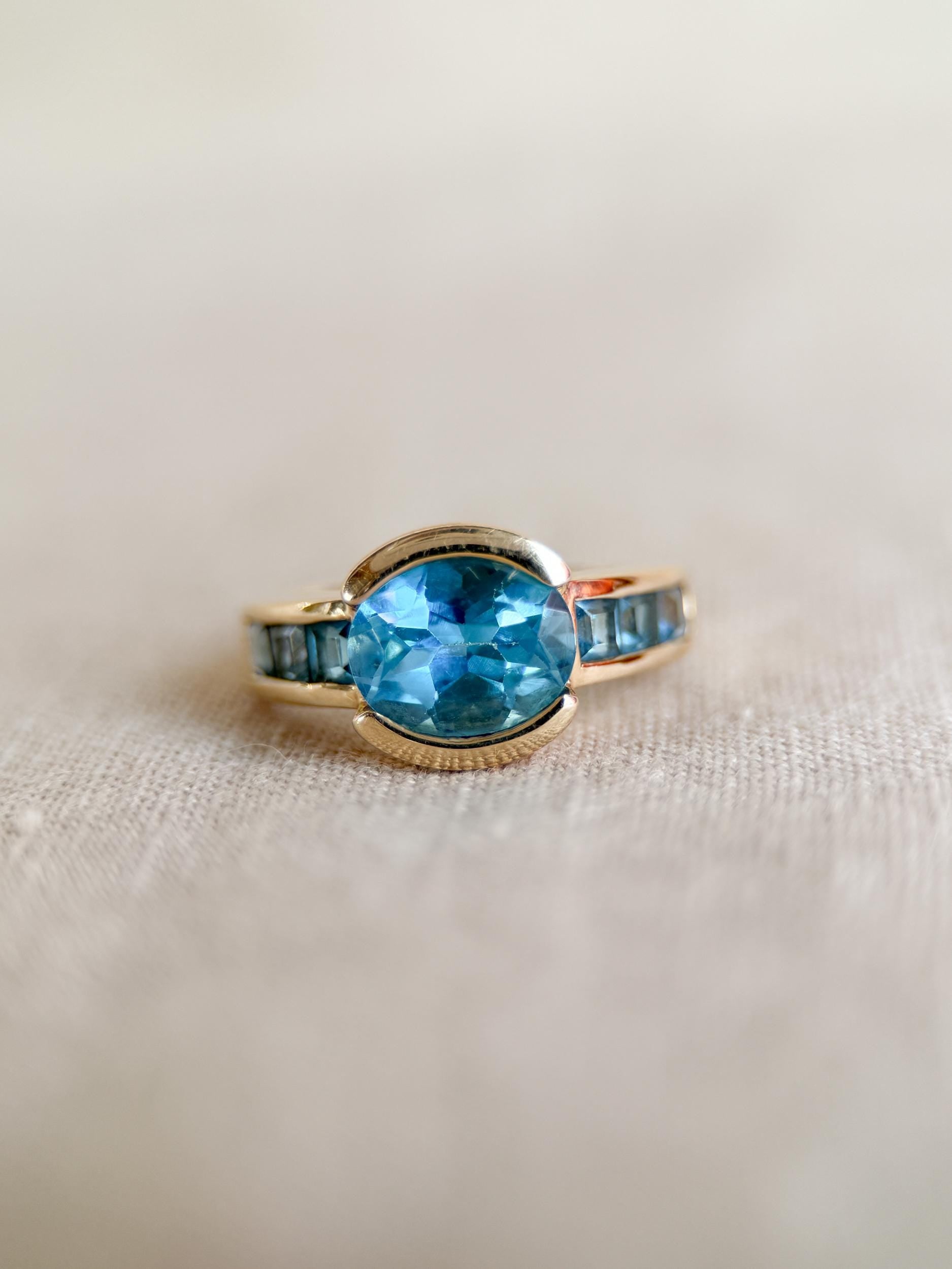 Vintage 1990s Blue Topaz Channel Gemstone Ring, 14k Gold