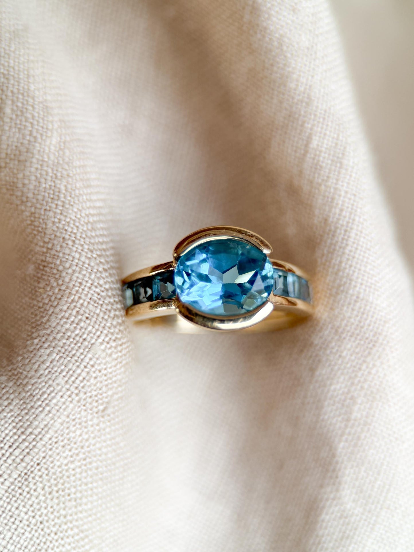 Vintage 1990s Blue Topaz Channel Gemstone Ring, 14k Gold
