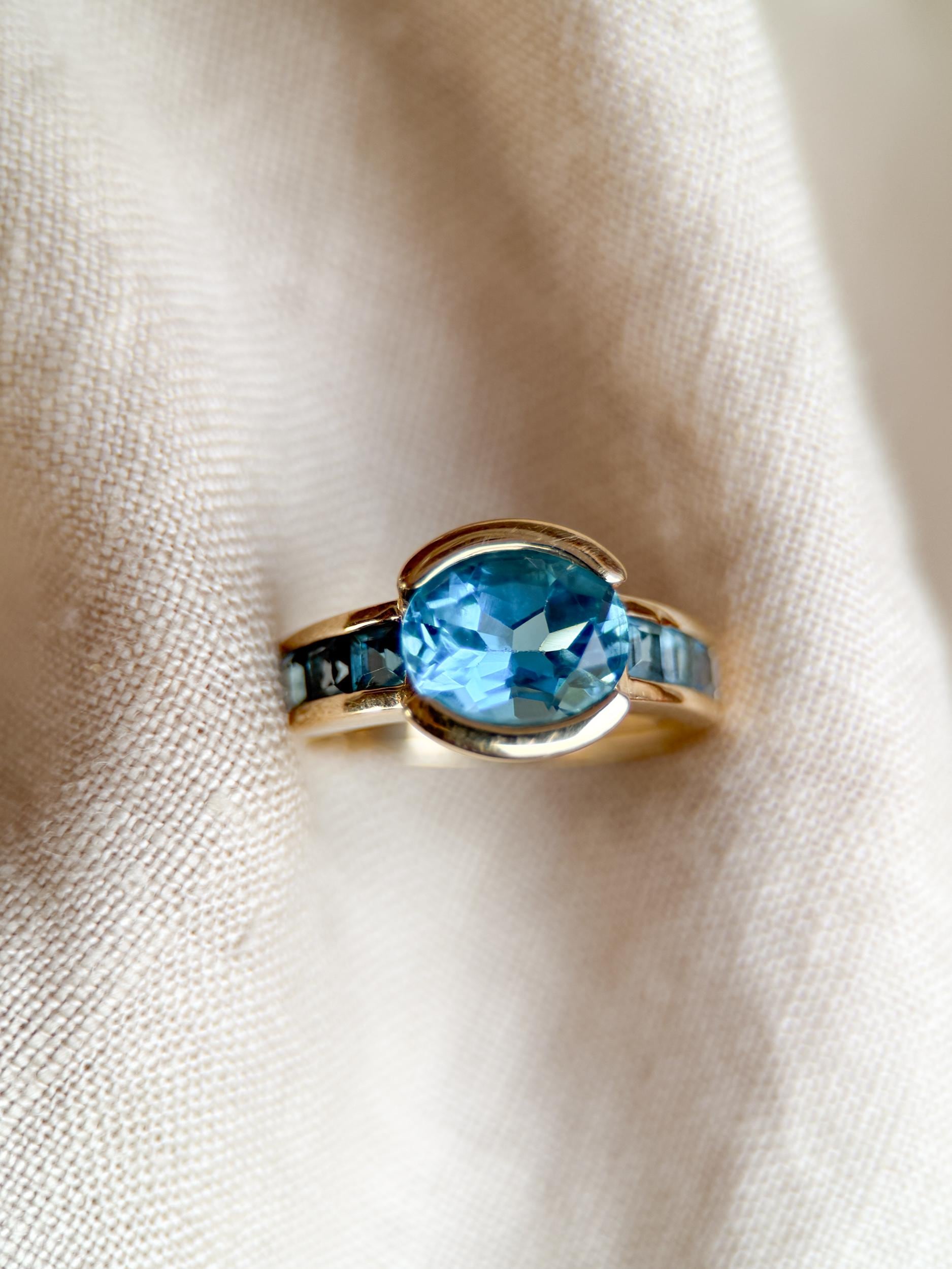 Vintage 1990s Blue Topaz Channel Gemstone Ring, 14k Gold
