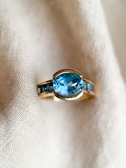 Vintage 1990s Blue Topaz Channel Gemstone Ring, 14k Gold