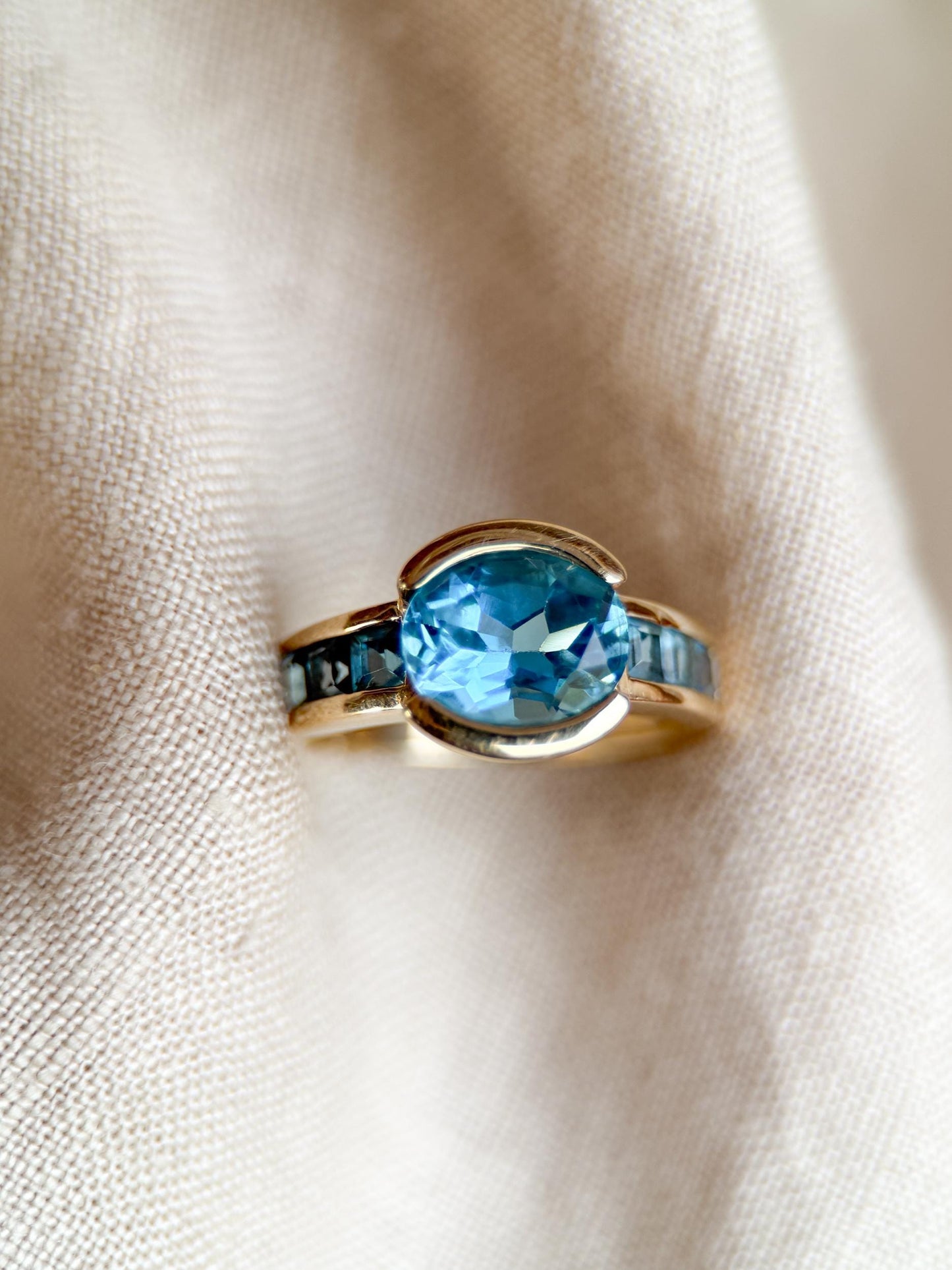 Vintage 1990s Blue Topaz Channel Gemstone Ring, 14k Gold