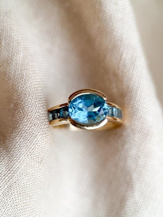 Vintage 1990s Blue Topaz Channel Gemstone Ring, 14k Gold
