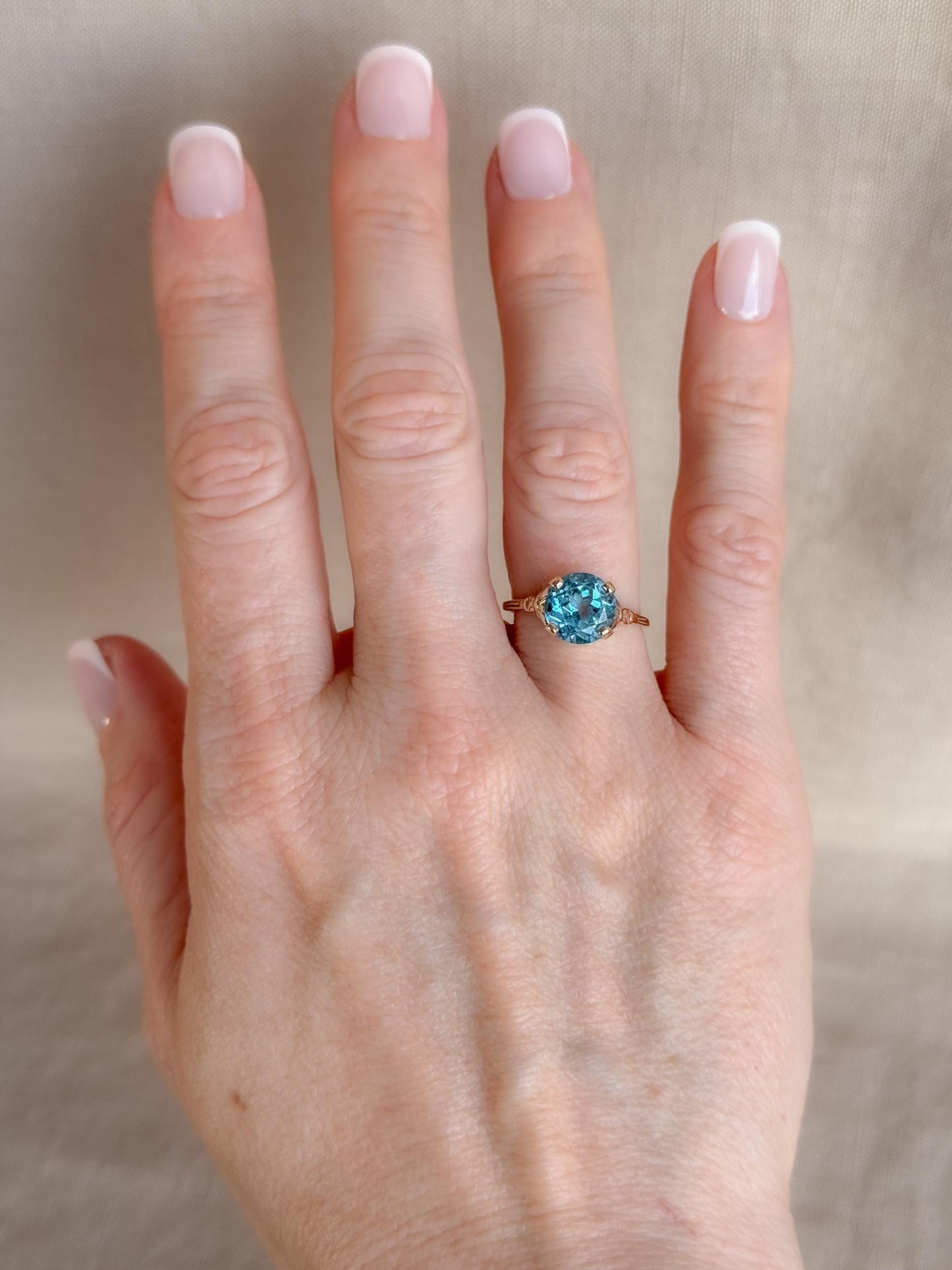 Vintage 1970s Blue Topaz Gemstone Filigree Ring, 14k Gold
