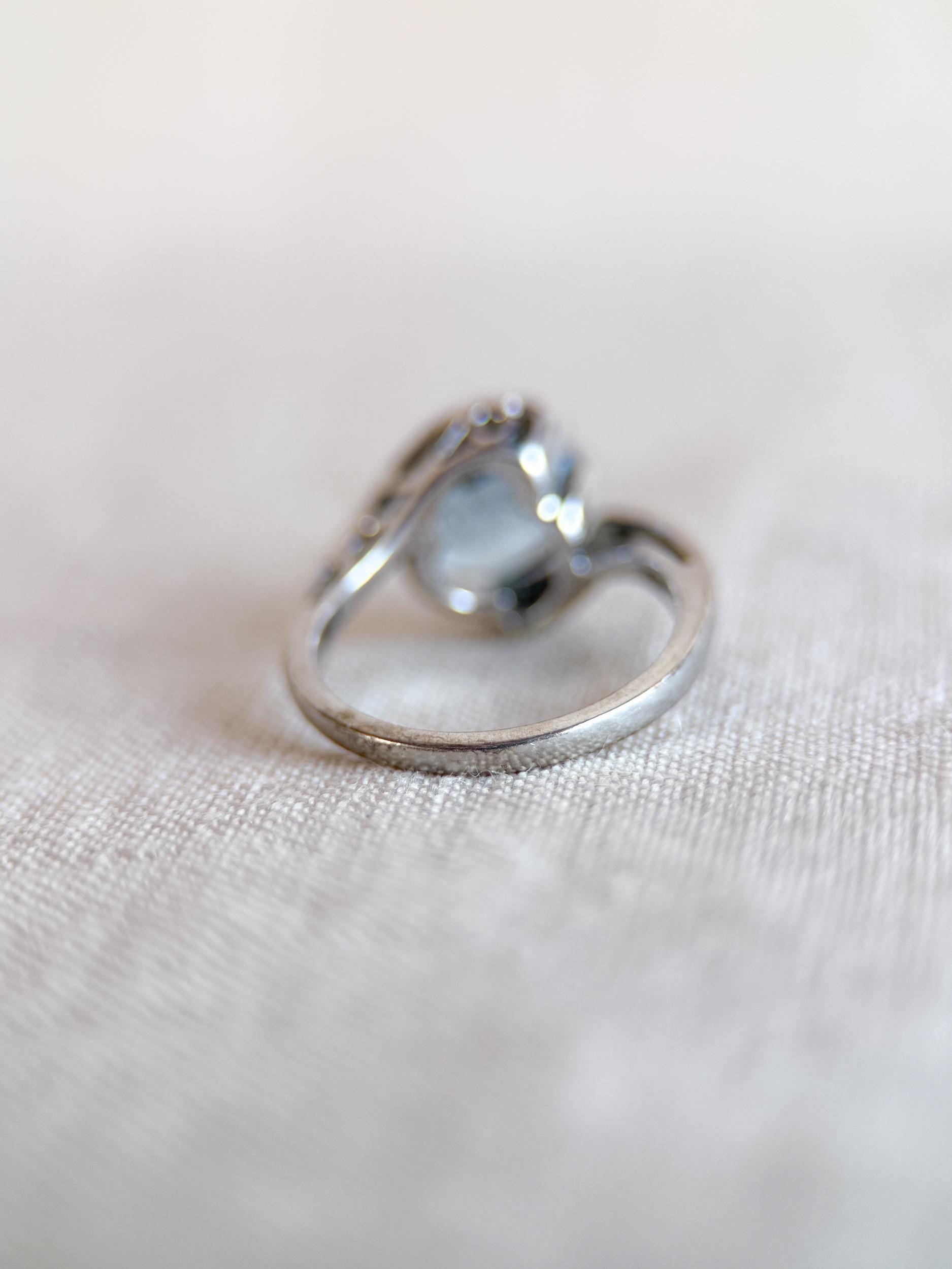 Vintage Spinel Engagement Ring, Oval Cut, 10k White Gold, 1960s Mid-Century Swirl Bridal Ring