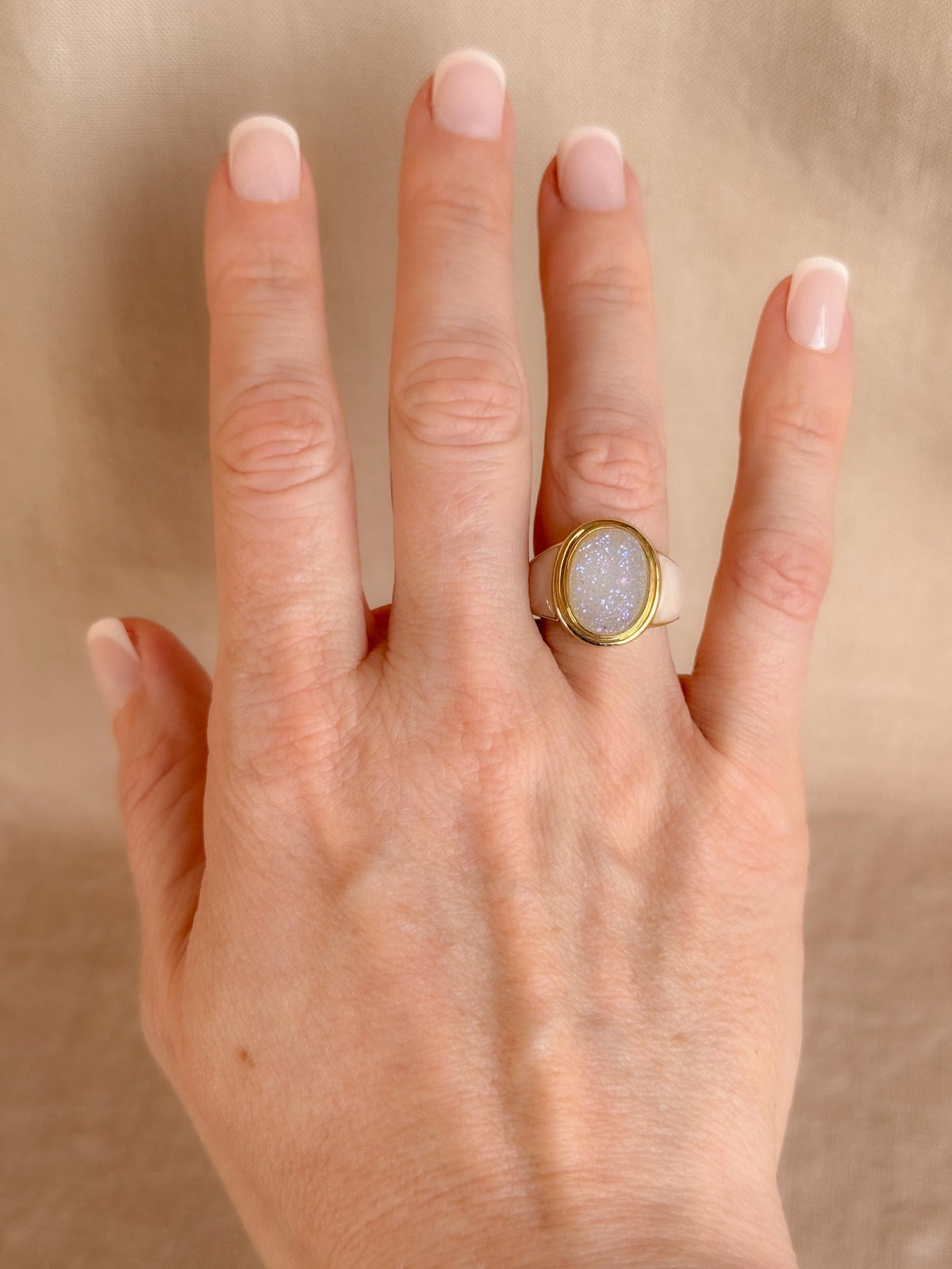 Vintage 1990s Druzy Quartz & Mother of Pearl Ring in 14k