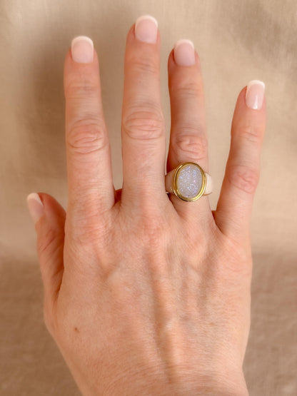 Vintage 1990s Druzy Quartz & Mother of Pearl Ring in 14k