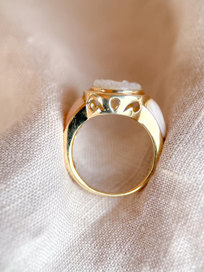 Vintage 1990s Druzy Quartz & Mother of Pearl Ring in 14k