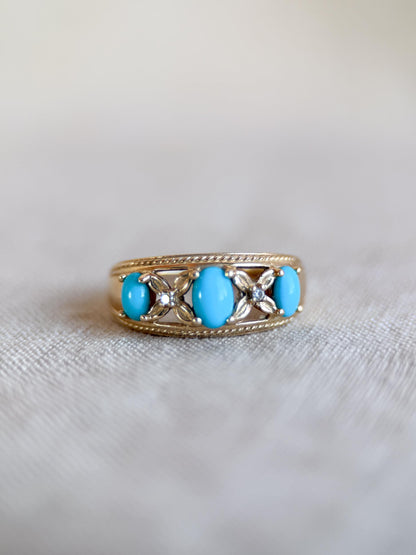 Vintage 1990s Blue Turquoise & Diamond Ring in 14k Gold