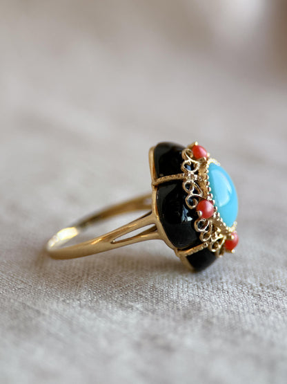 Vintage 1990s Blue Turquoise & Onyx Ring in 14k Gold