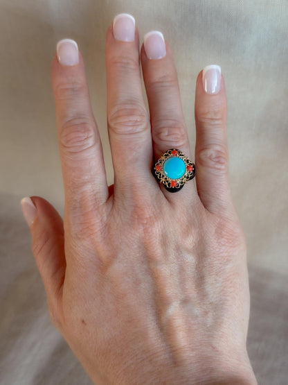 Vintage 1990s Blue Turquoise & Onyx Ring in 14k Gold