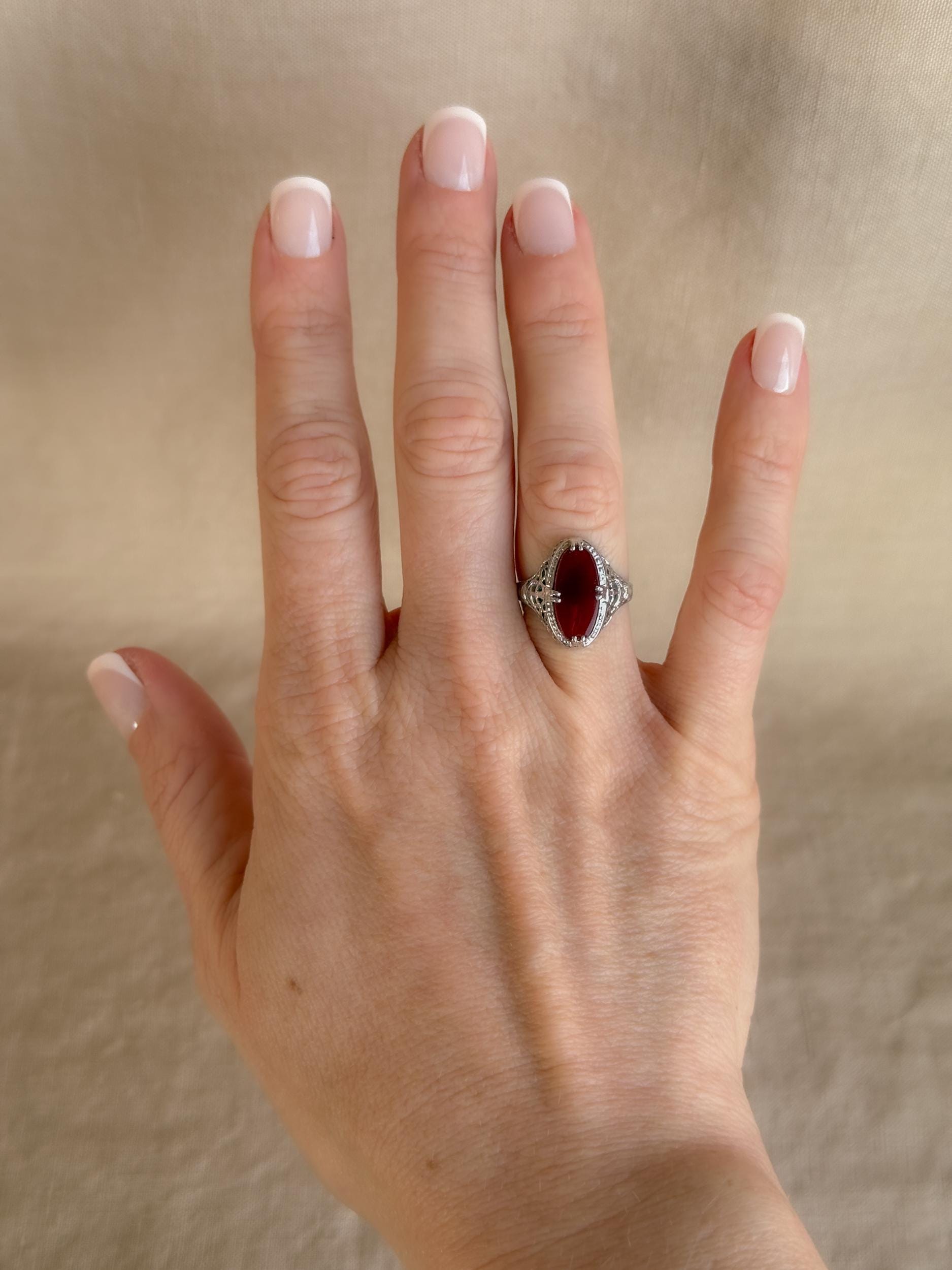 Vintage 1940s Carnelian Gemstone Ring in 14k White Gold