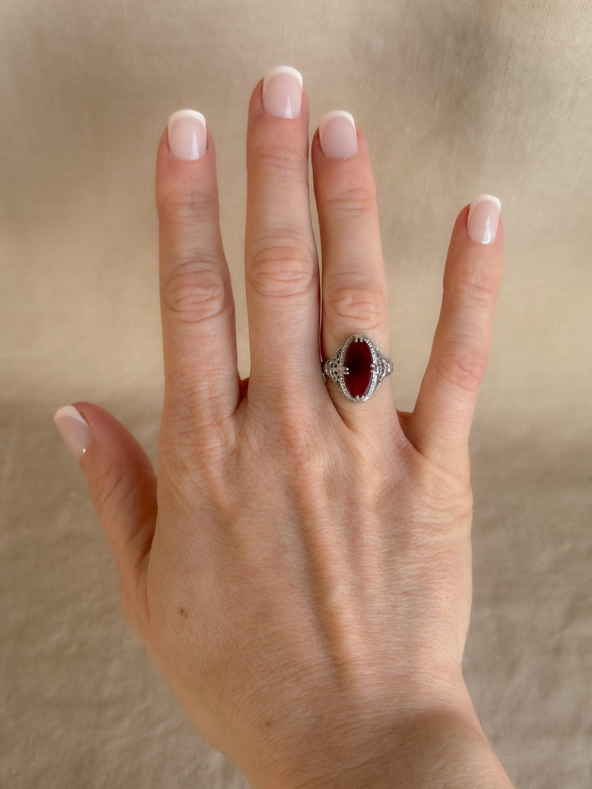 Vintage 1940s Carnelian Gemstone Ring in 14k White Gold