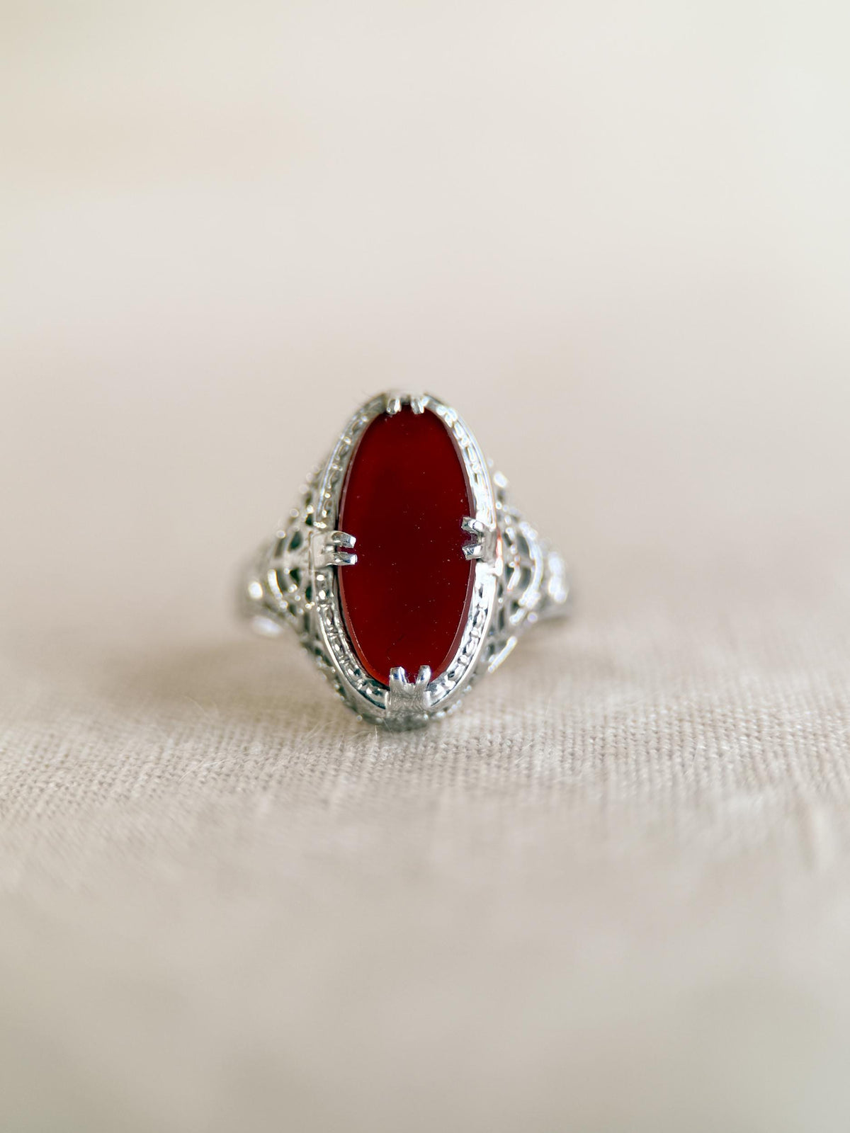 Vintage 1940s Carnelian Gemstone Ring in 14k White Gold