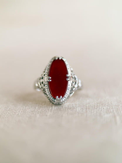 Vintage 1940s Carnelian Gemstone Ring in 14k White Gold