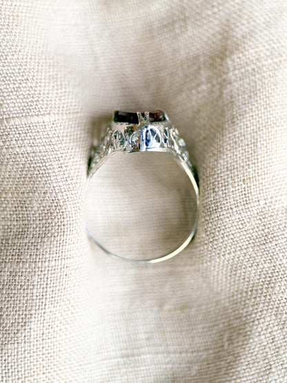 Vintage 1940s Carnelian Gemstone Ring in 14k White Gold
