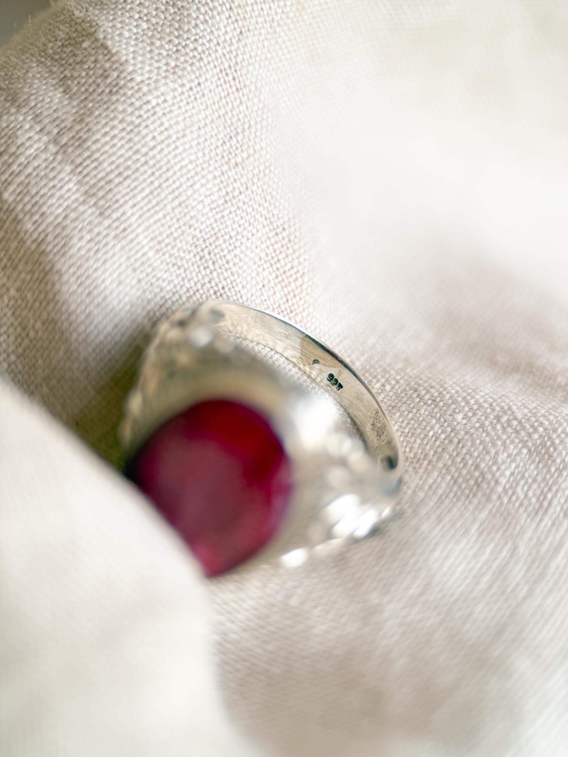 Vintage Sterling Silver Oval Ruby Statement Ring, Boho Floral Filigree Jewelry