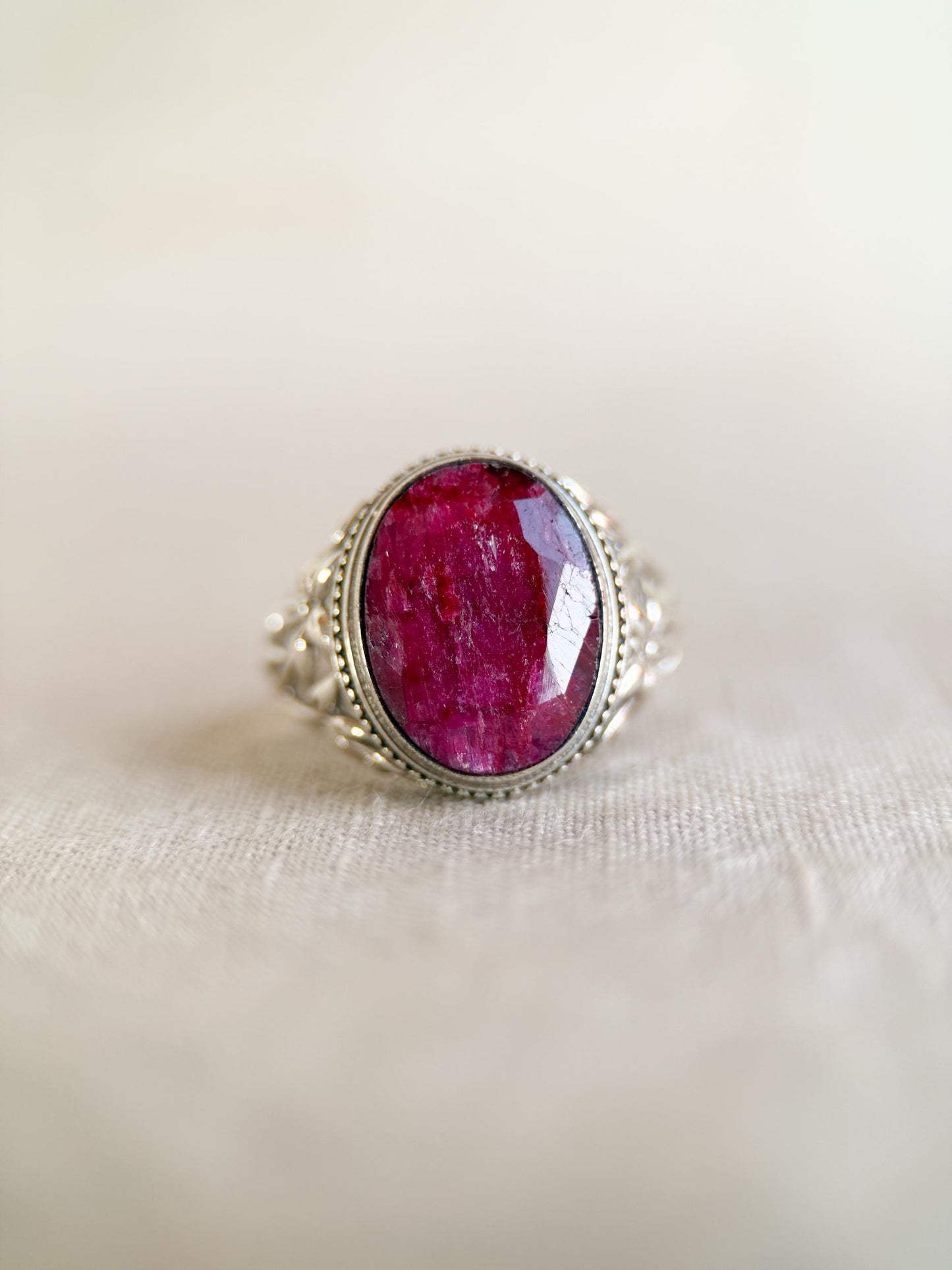 Vintage Sterling Silver Oval Ruby Statement Ring, Boho Floral Filigree Jewelry