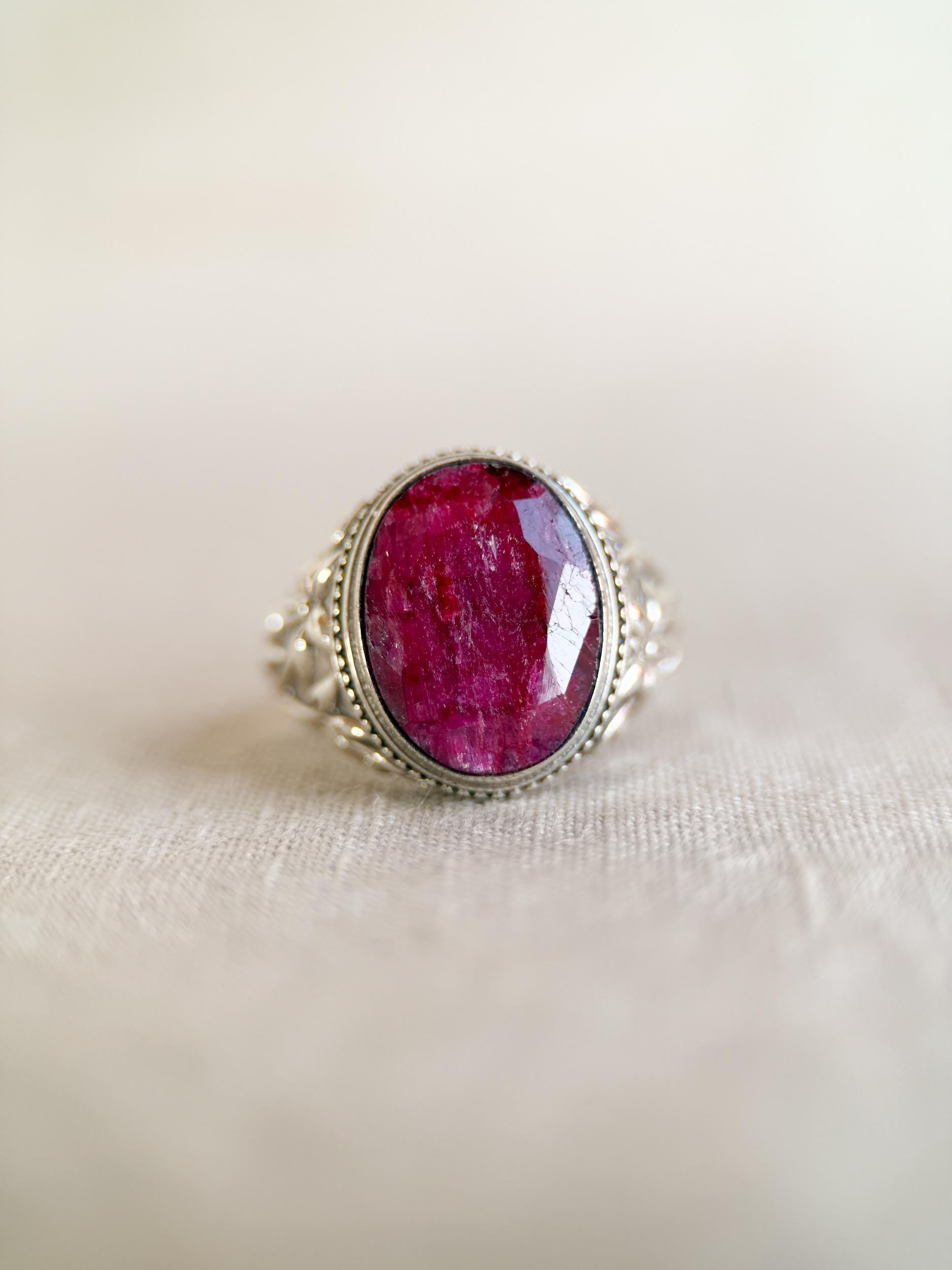 Vintage Sterling Silver Oval Ruby Statement Ring, Boho Floral Filigree Jewelry
