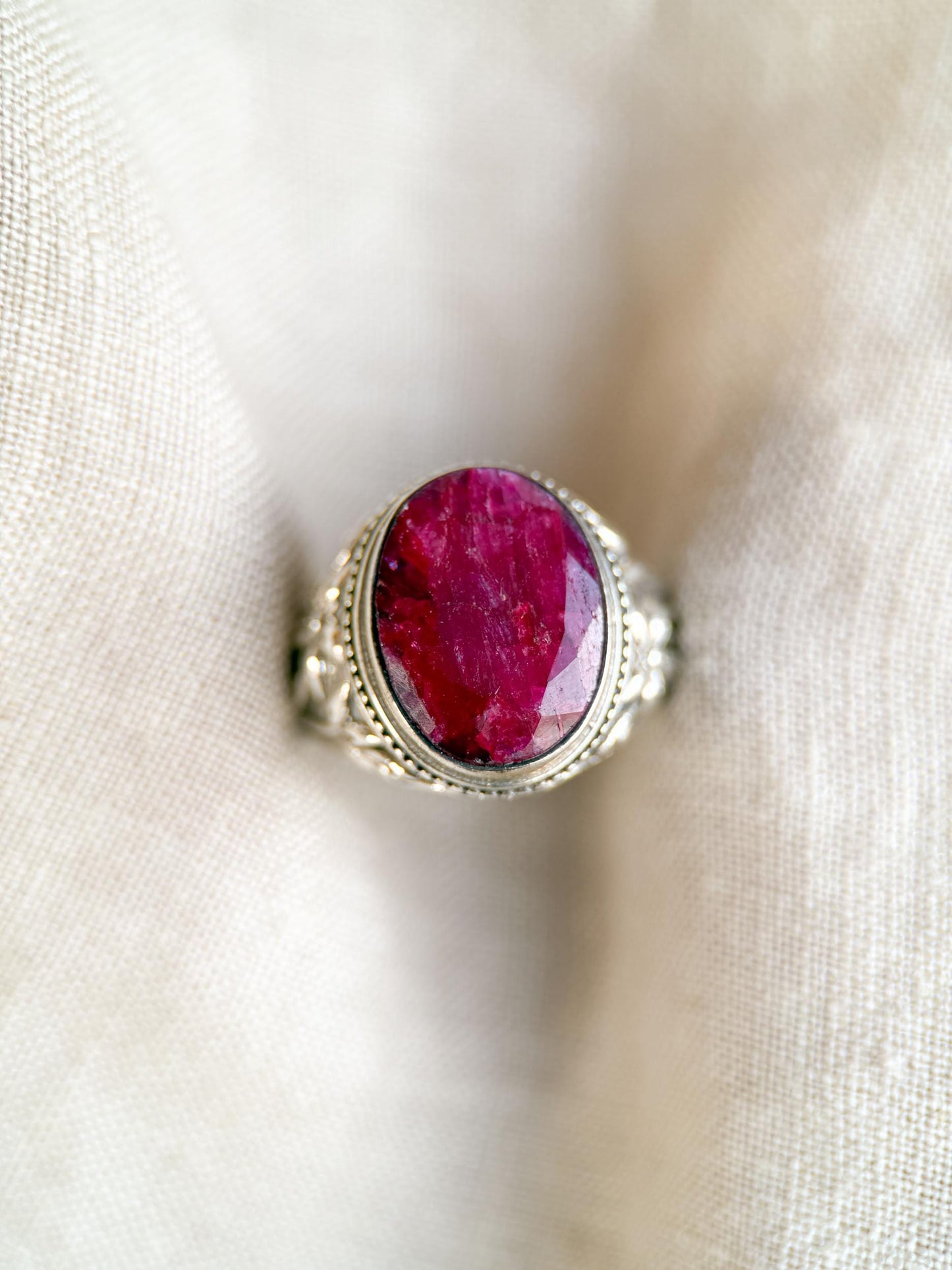 Vintage Sterling Silver Oval Ruby Statement Ring, Boho Floral Filigree Jewelry