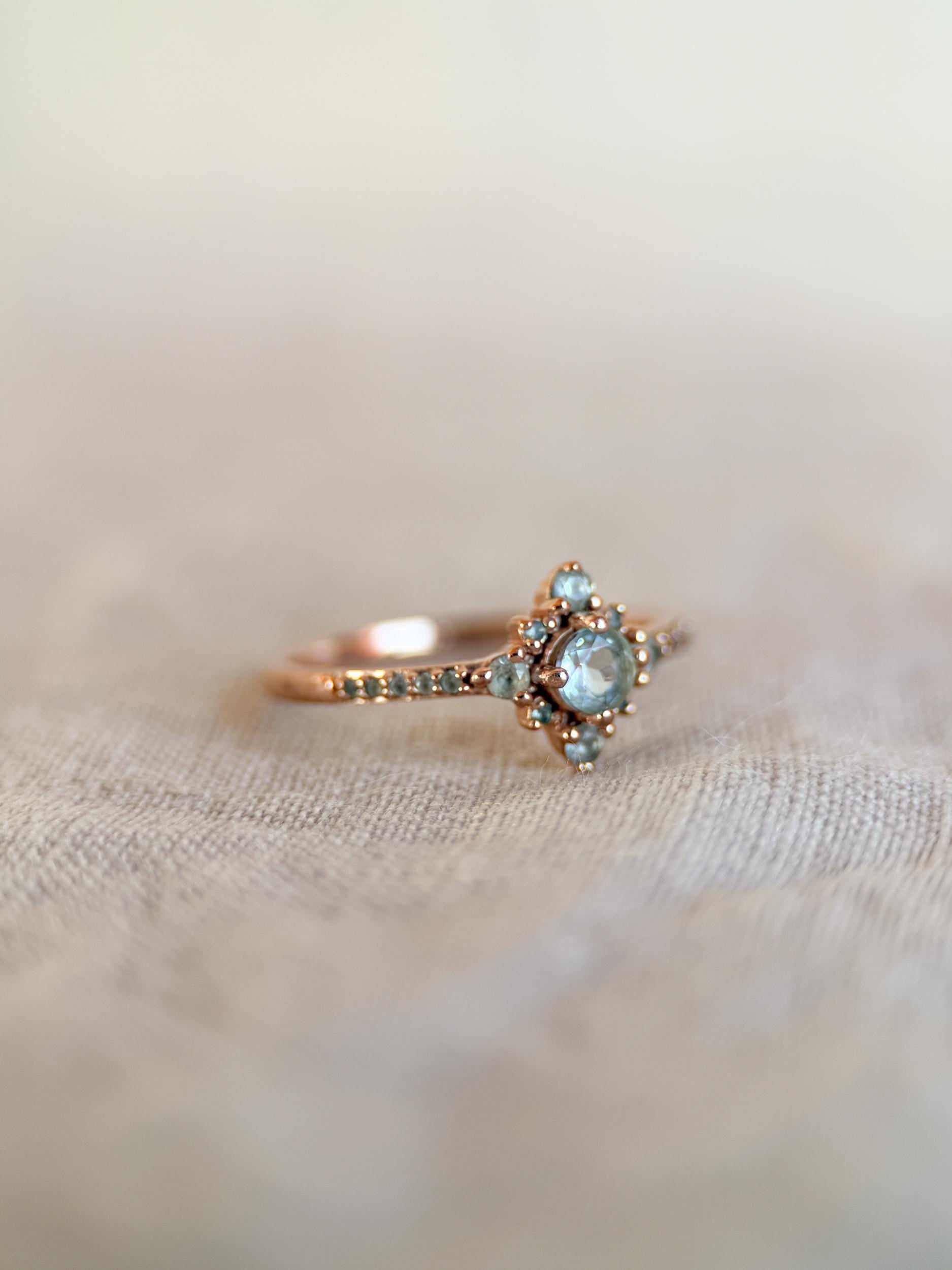 Vintage 1990s Blue Topaz Gemstone Ring, 10k Rose Gold - Timeless Sustainability • Vintage Fine Jewelry
