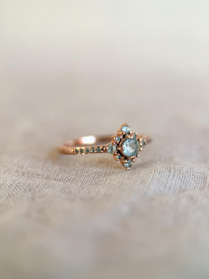Vintage 1990s Blue Topaz Engagement Ring, 10k Rose Gold, Halo Design • One-of-a-kind Vintage Jewelry