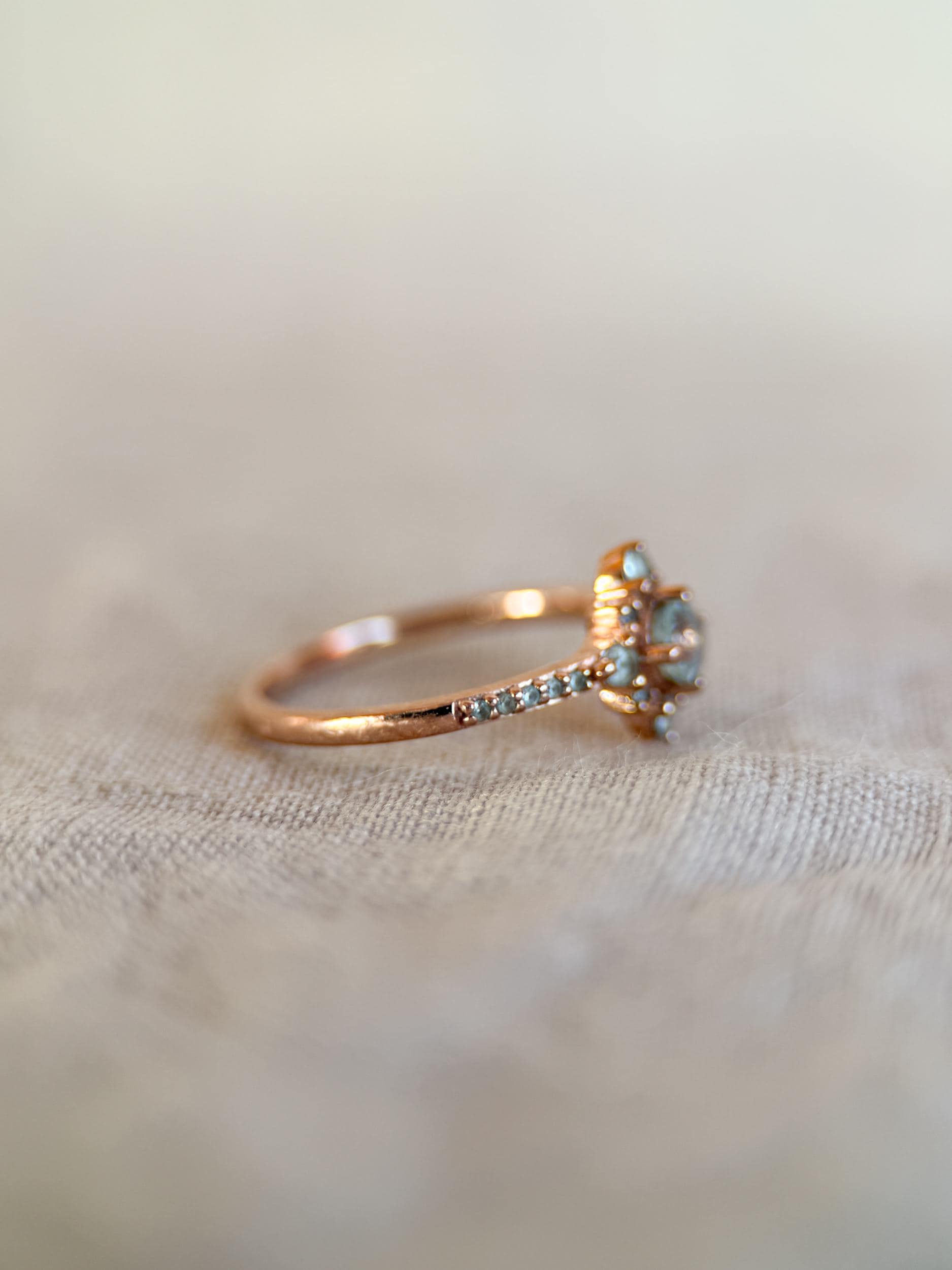 Vintage 1990s Blue Topaz Engagement Ring, 10k Rose Gold, Halo Design • One-of-a-kind Vintage Jewelry
