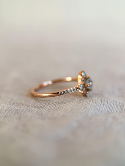 Vintage 1990s Blue Topaz Engagement Ring, 10k Rose Gold, Halo Design • One-of-a-kind Vintage Jewelry