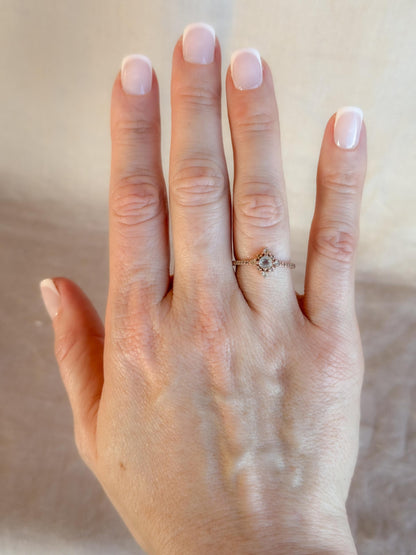 Vintage 1990s Blue Topaz Engagement Ring, 10k Rose Gold, Halo Design • One-of-a-kind Vintage Jewelry
